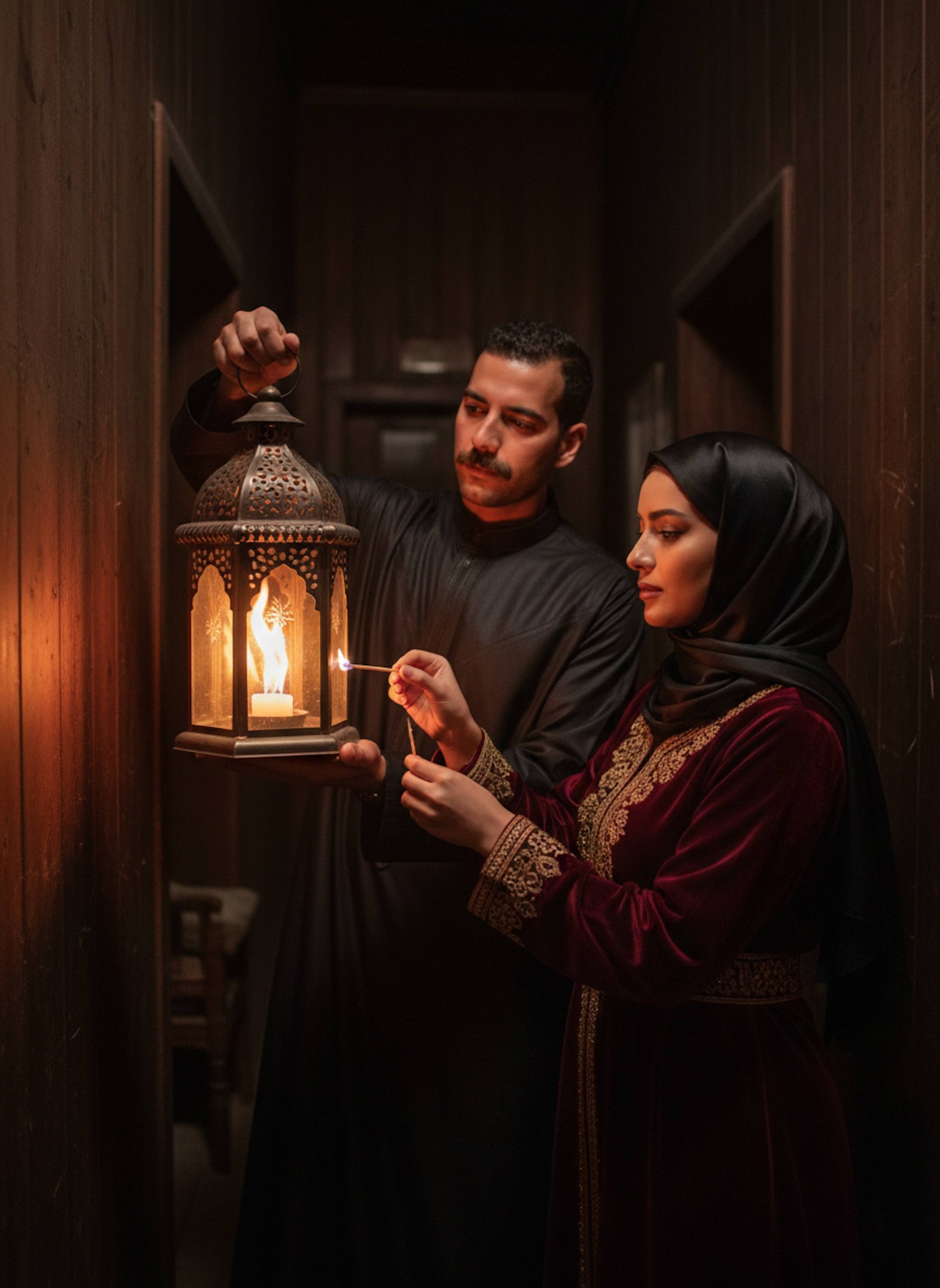 Couple lighting traditional ornate metal Ramadan fanous lantern in dark hallway with warm orange flame casting dramatic shadows