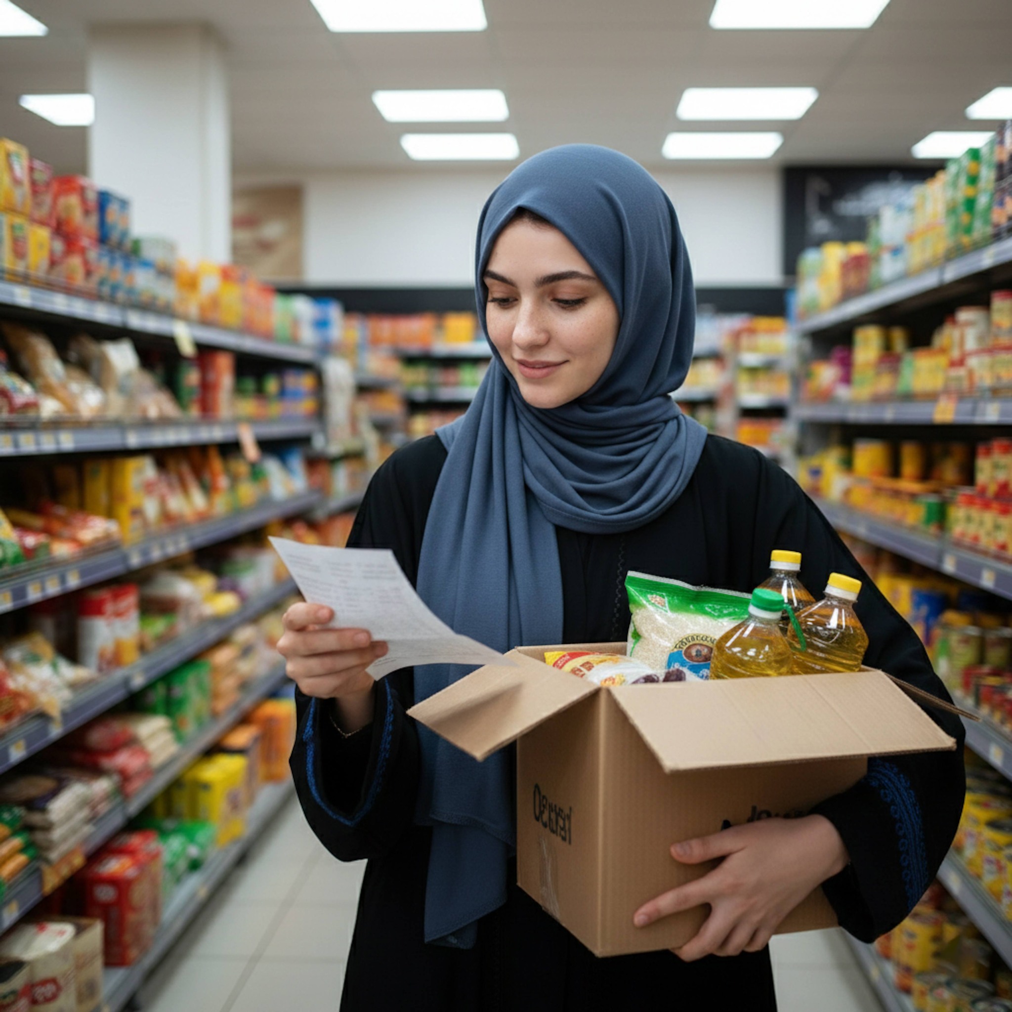 Hijabi woman checking list while holding box of rice and supplies in Egyptian grocery store for Ramadan food charity