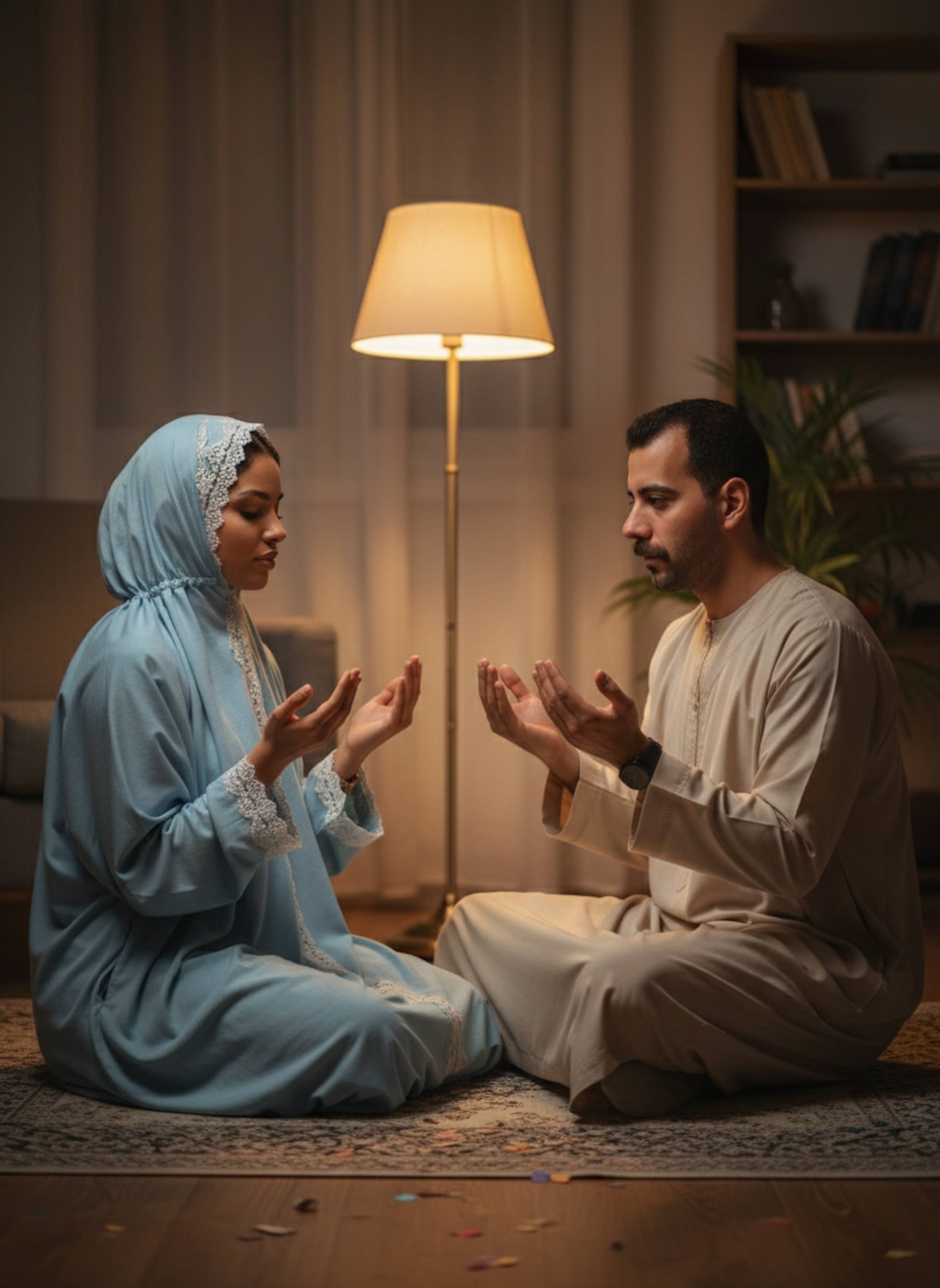 Couple seated on floor with hands raised in dua prayer in dim living room lit by warm floor lamp