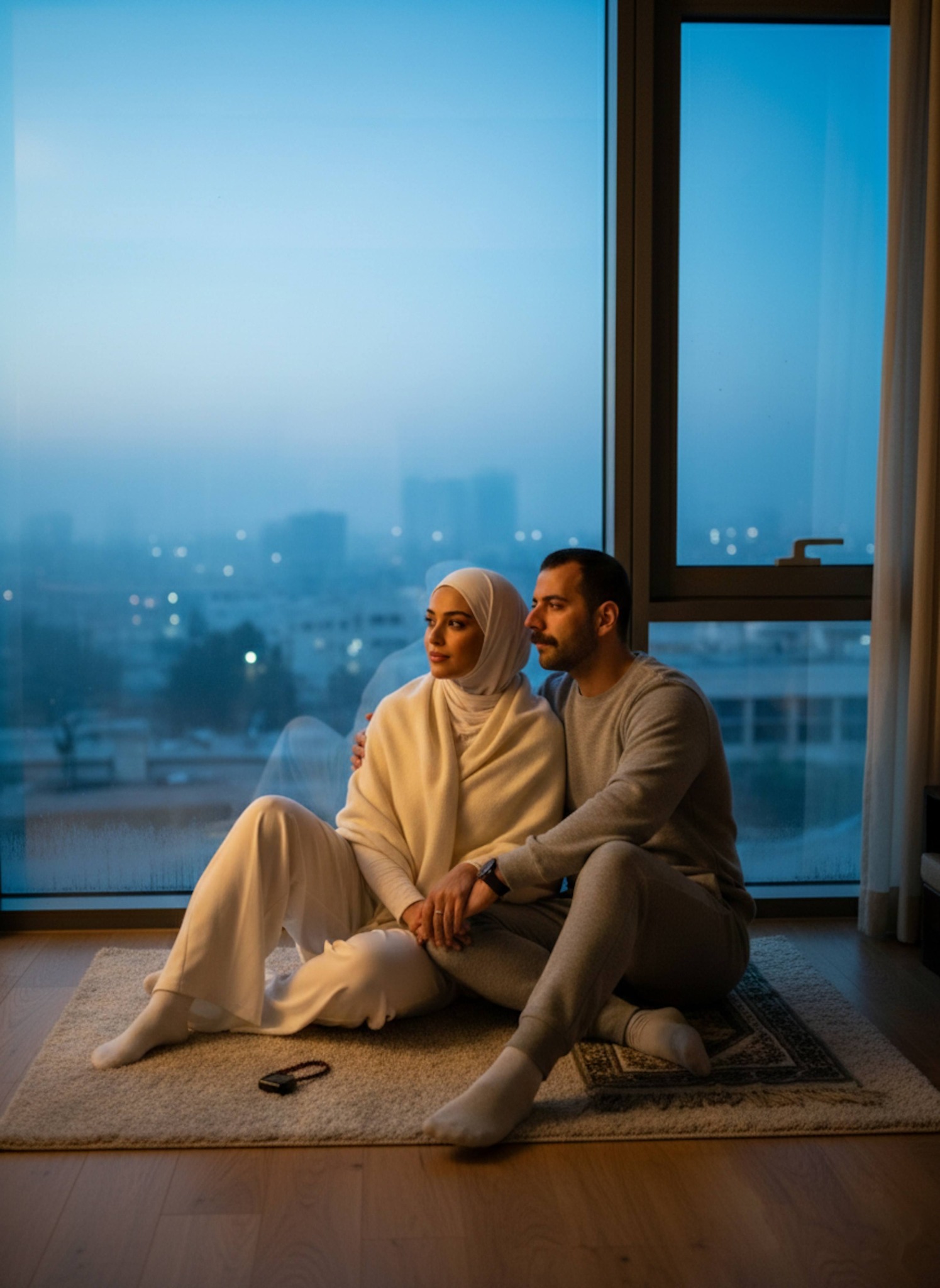 Couple sitting on floor by large floor-to-ceiling window after Fajr prayer with blue misty morning light outside