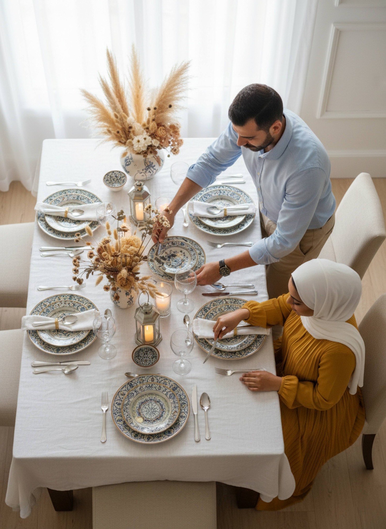 Overhead view of couple placing ornate plates on white linen tablecloth with dried flowers and lanterns in afternoon sunlight