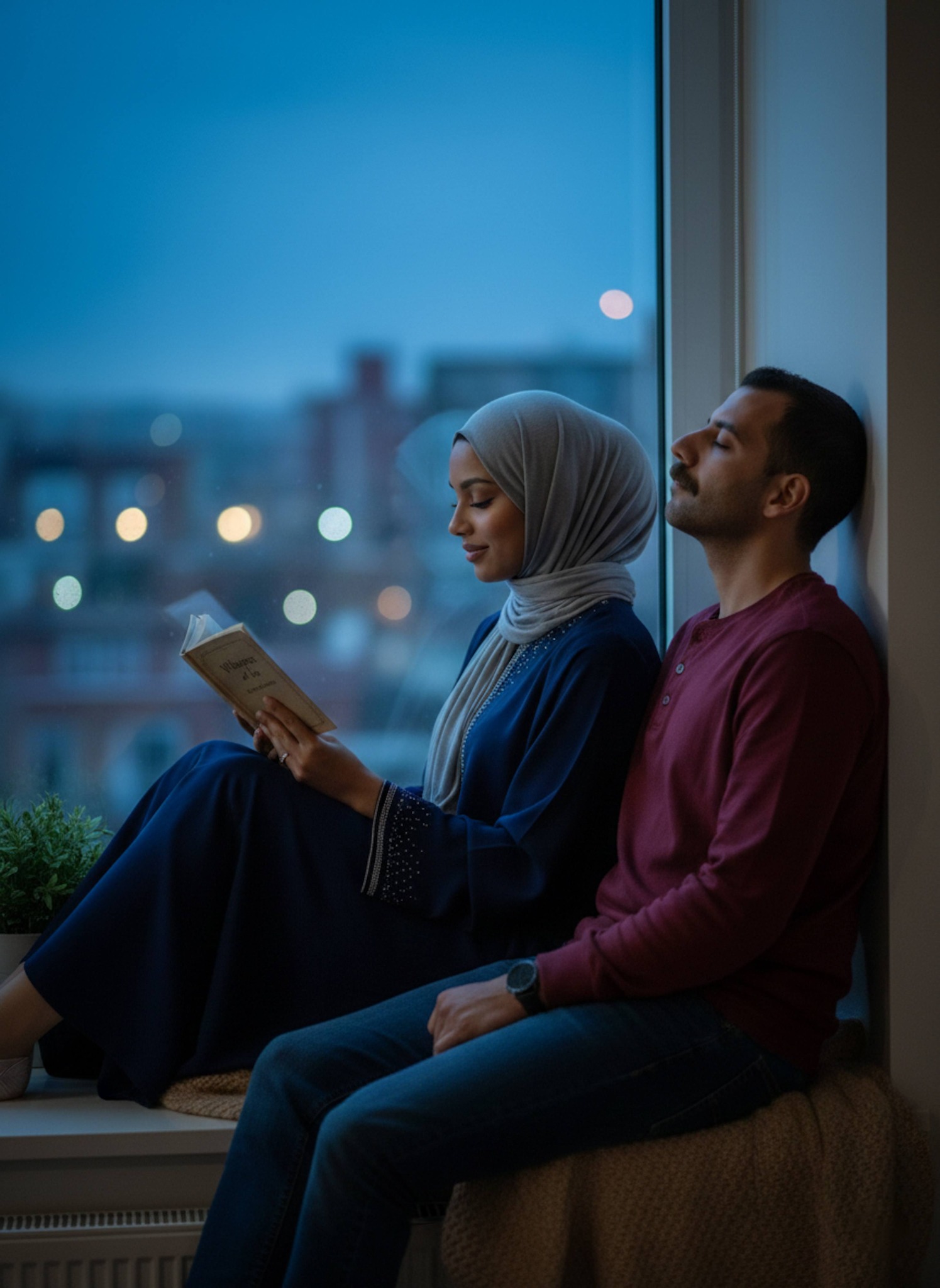 Side profile of couple in window nook with one reading poetry in cool blue twilight light before Maghrib prayer