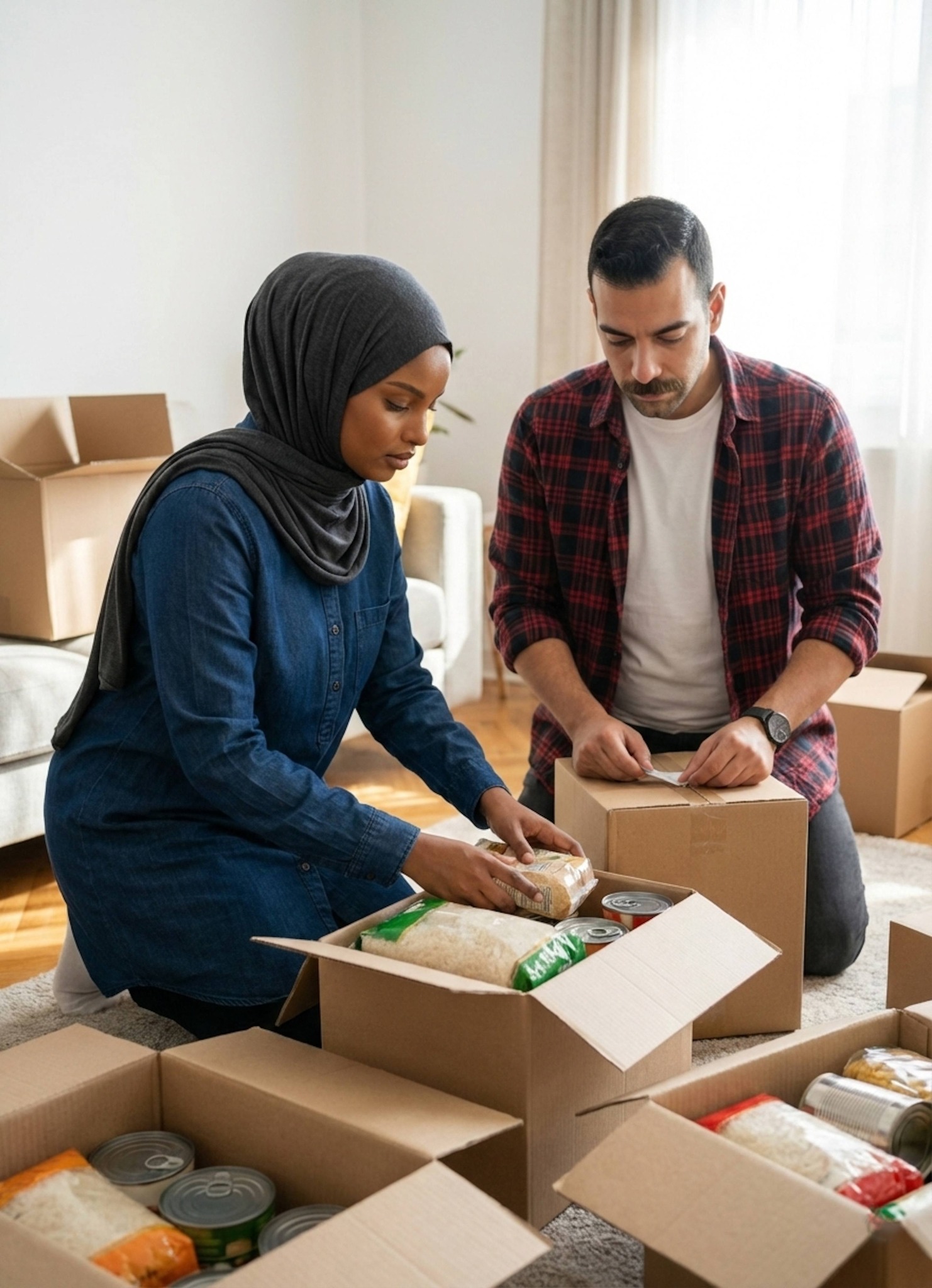 Couple in living room surrounded by cardboard boxes filling them with food staples for Ramadan charity in natural light