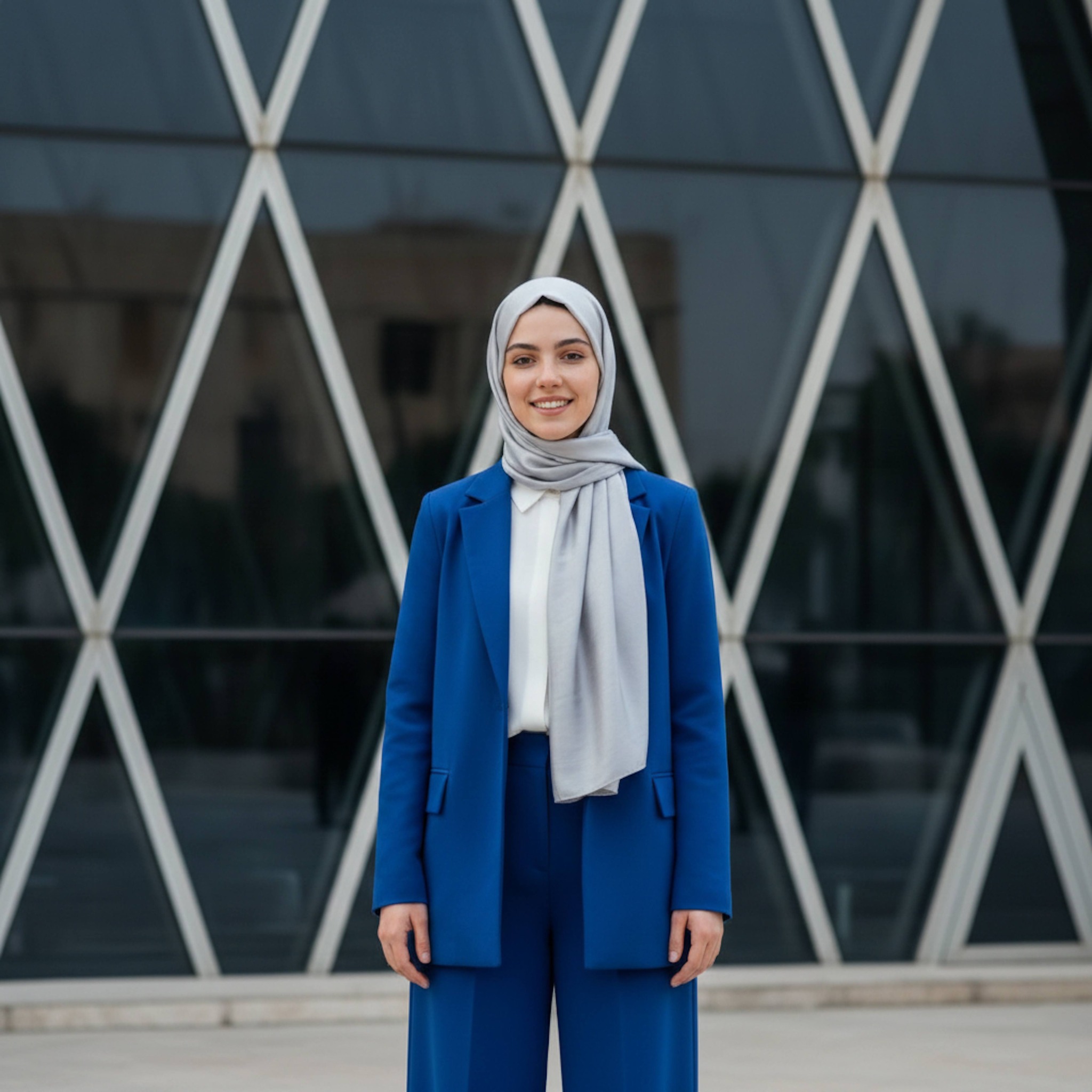 Hijabi woman in cobalt blue power suit and silver silk hijab standing before modern glass architecture of Bibliotheca Alexandrina