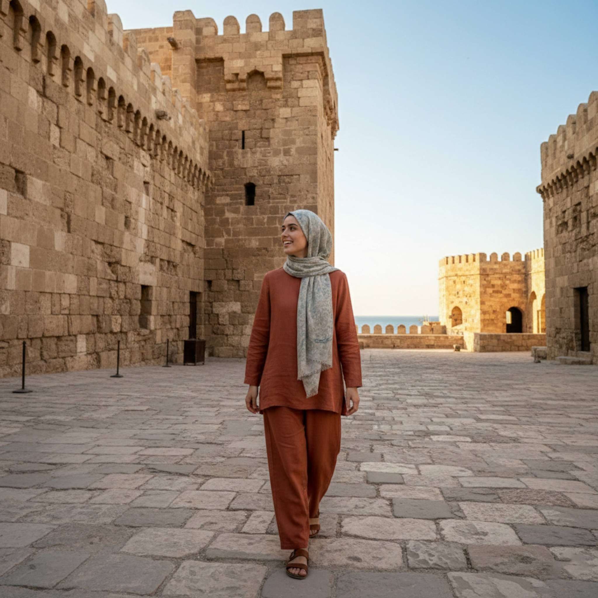 Hijabi woman in terracotta linen co-ord walking joyfully through Citadel of Qaitbay courtyard with limestone walls