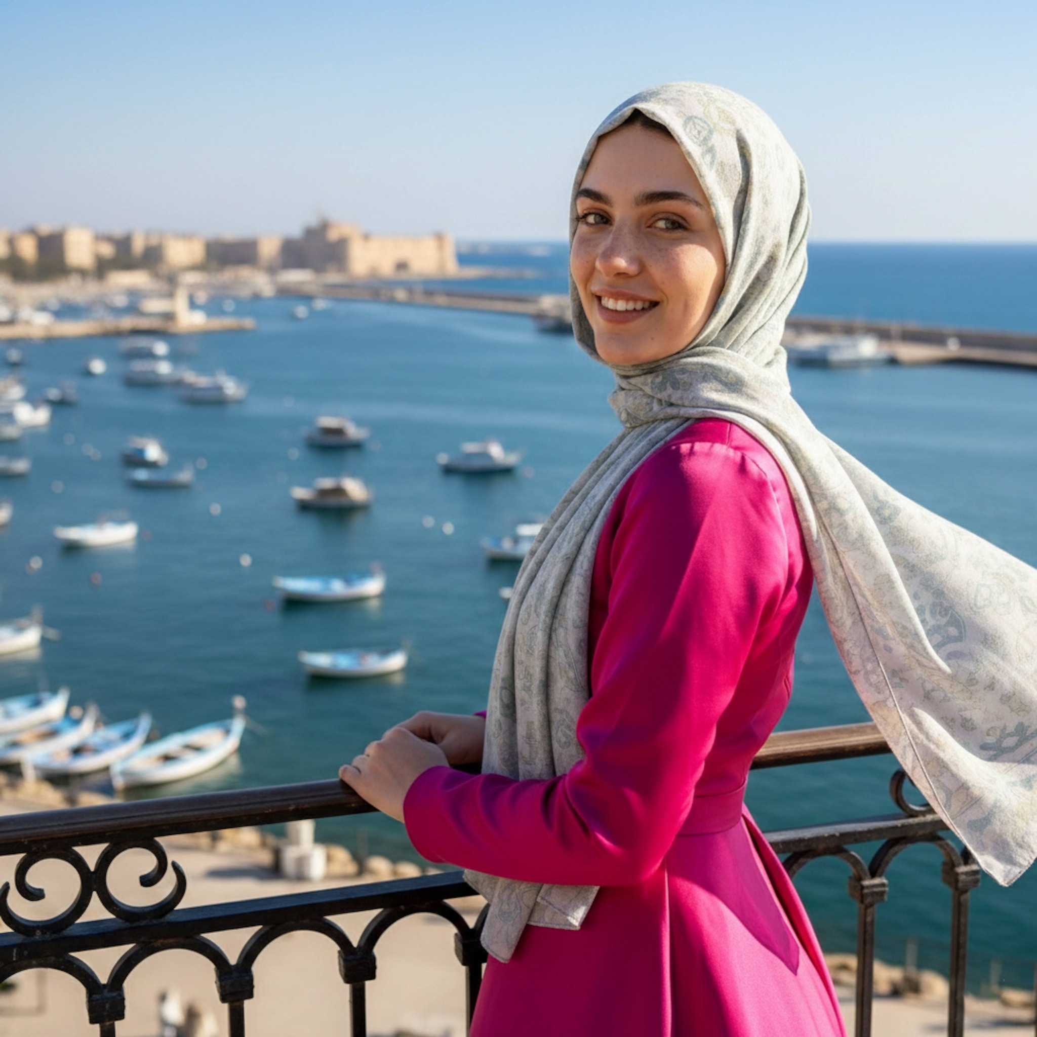 High-angle view of hijabi woman in fuchsia silk gown on balcony overlooking Alexandria Eastern Harbour with blue waters and boats