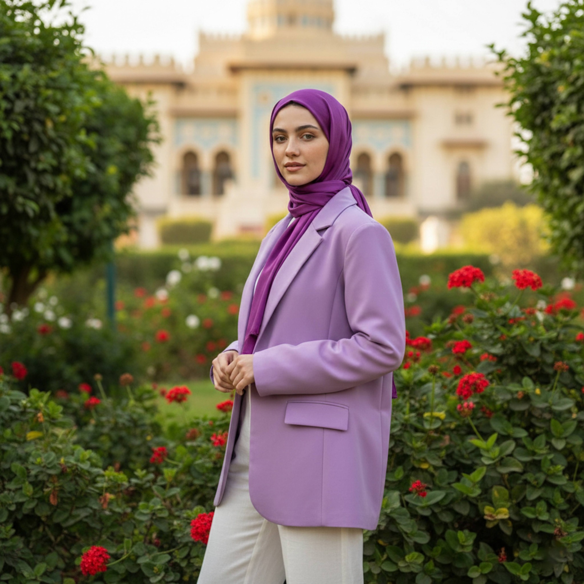 Hijabi woman in lavender blazer and violet silk hijab surrounded by lush greenery and red flowers at Montaza Palace Gardens