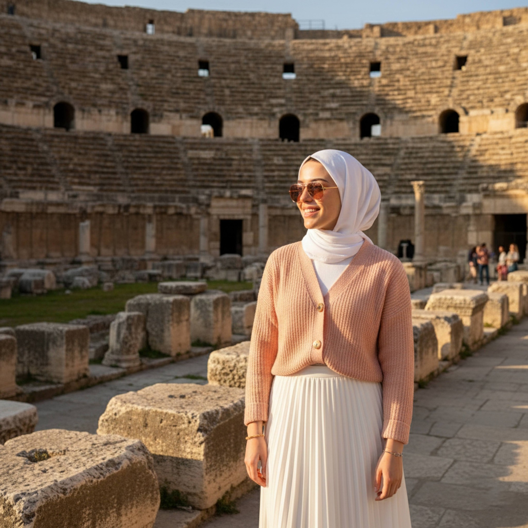Hijabi woman in pastel peach cardigan and rose gold sunglasses gazing at Roman Amphitheatre marble ruins with long afternoon shadows