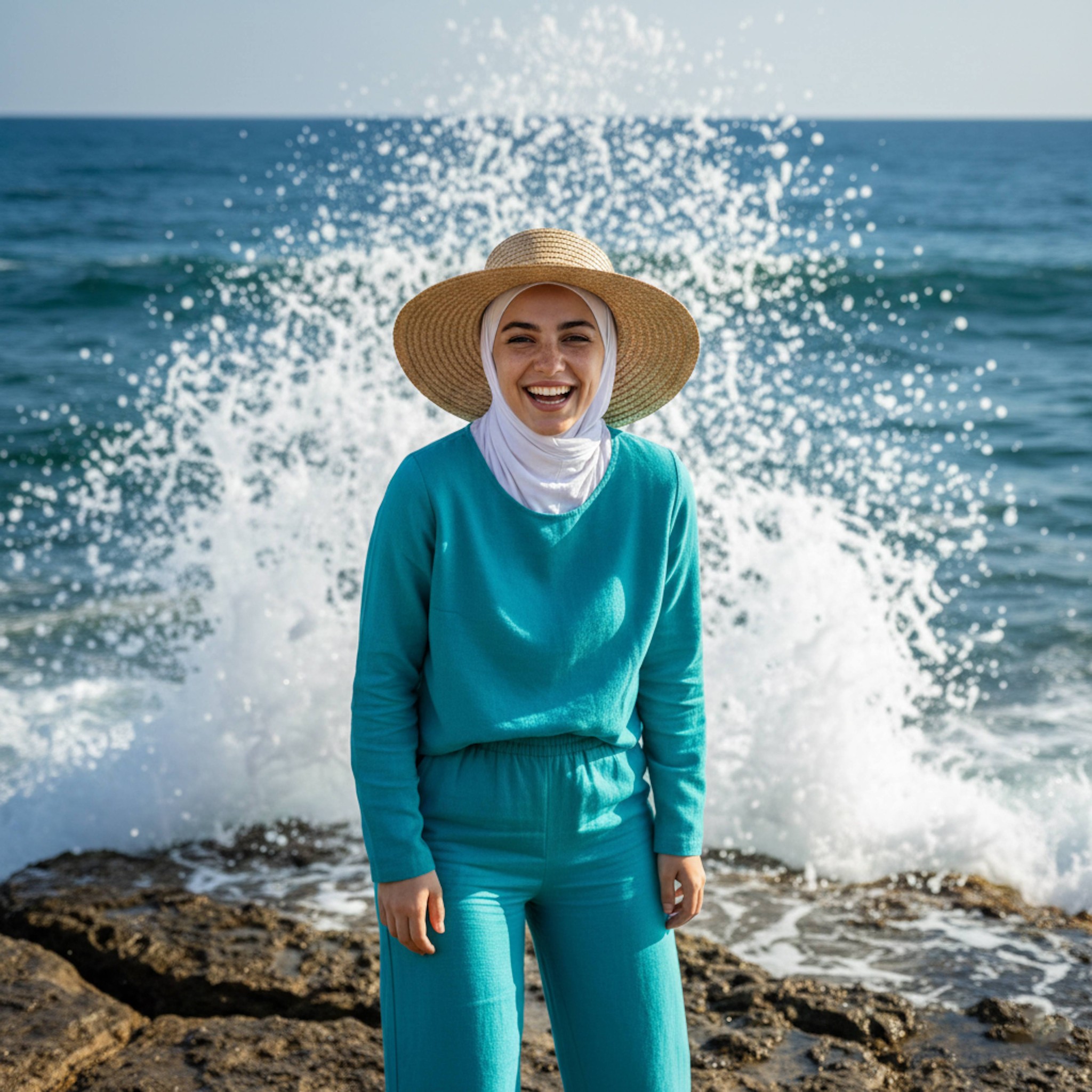 Hijabi woman in turquoise linen set and straw hat laughing at camera with Mediterranean waves crashing on rocks at Gleem Bay