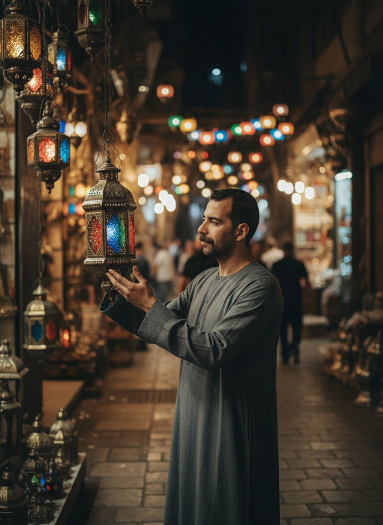 Person in a charcoal linen thobe examining a traditional lantern in Khan el-Khalili market with warm tungsten glow and market bokeh