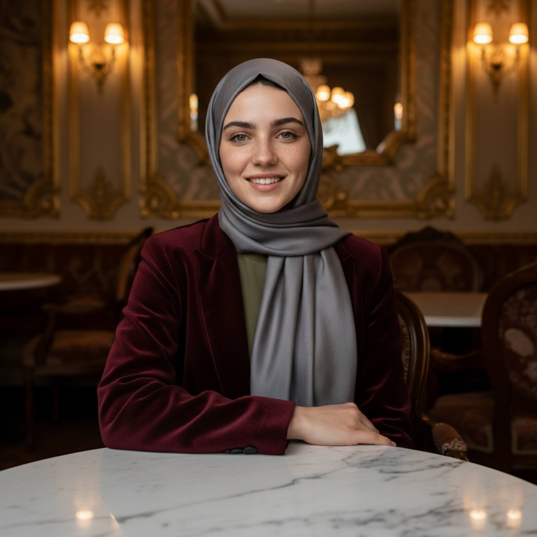 Hijabi woman in burgundy velvet blazer at marble table inside Trianon Cafe with ornate gold decor and warm lighting