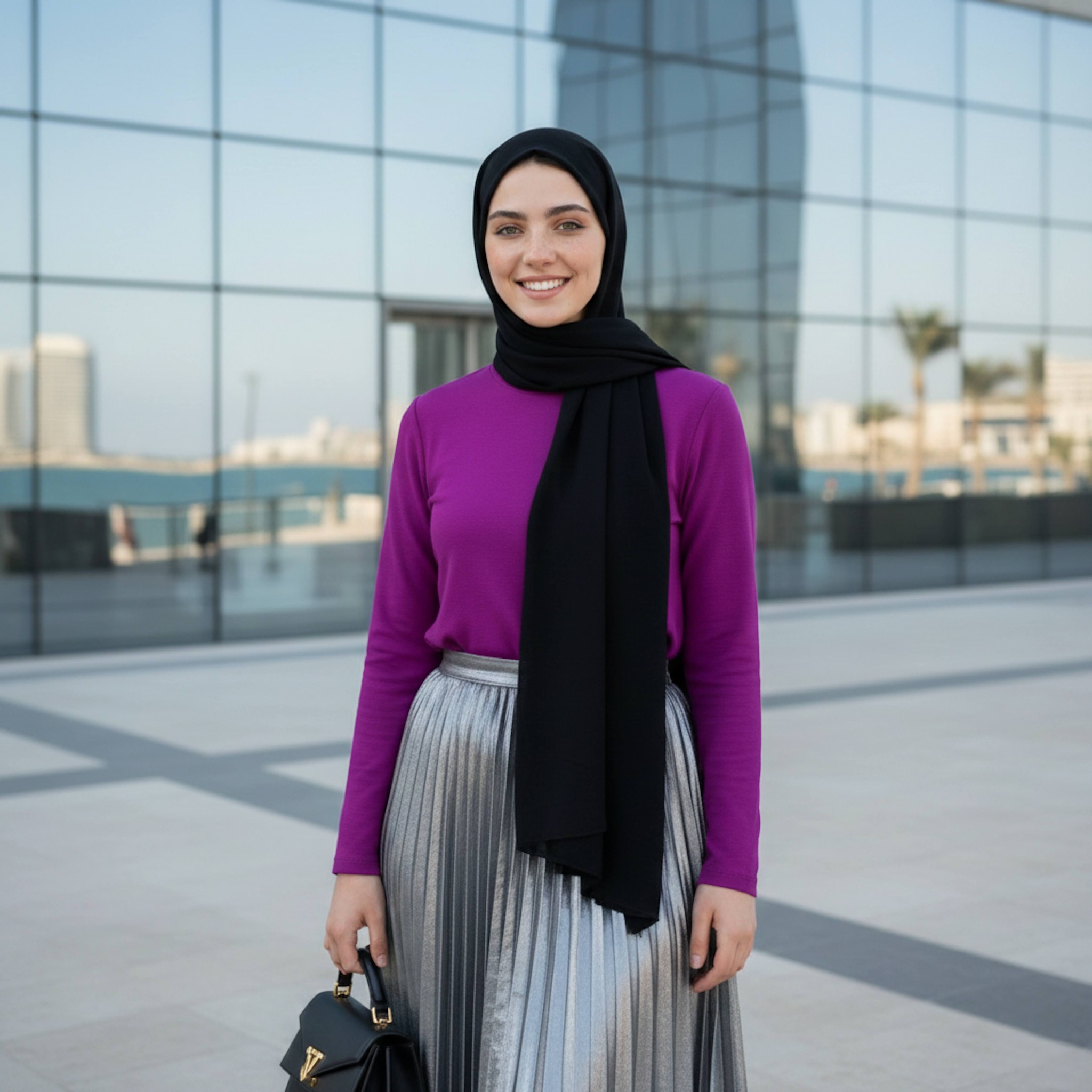 Hijabi woman in electric purple top and silver metallic skirt with designer handbag at San Stefano Plaza with glass reflections