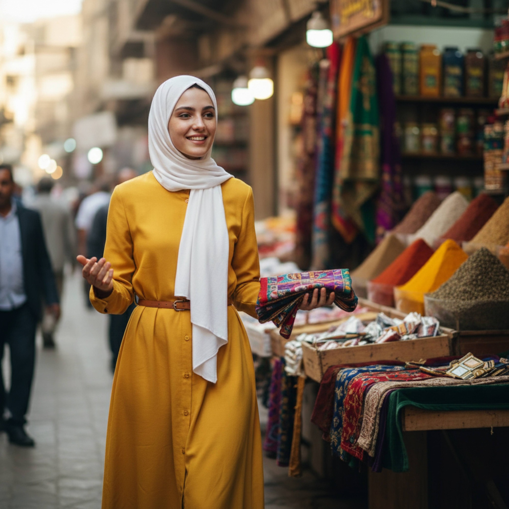 Hijabi woman in canary yellow midi dress walking through vibrant Mansheya Market interacting with vendor among colorful spices