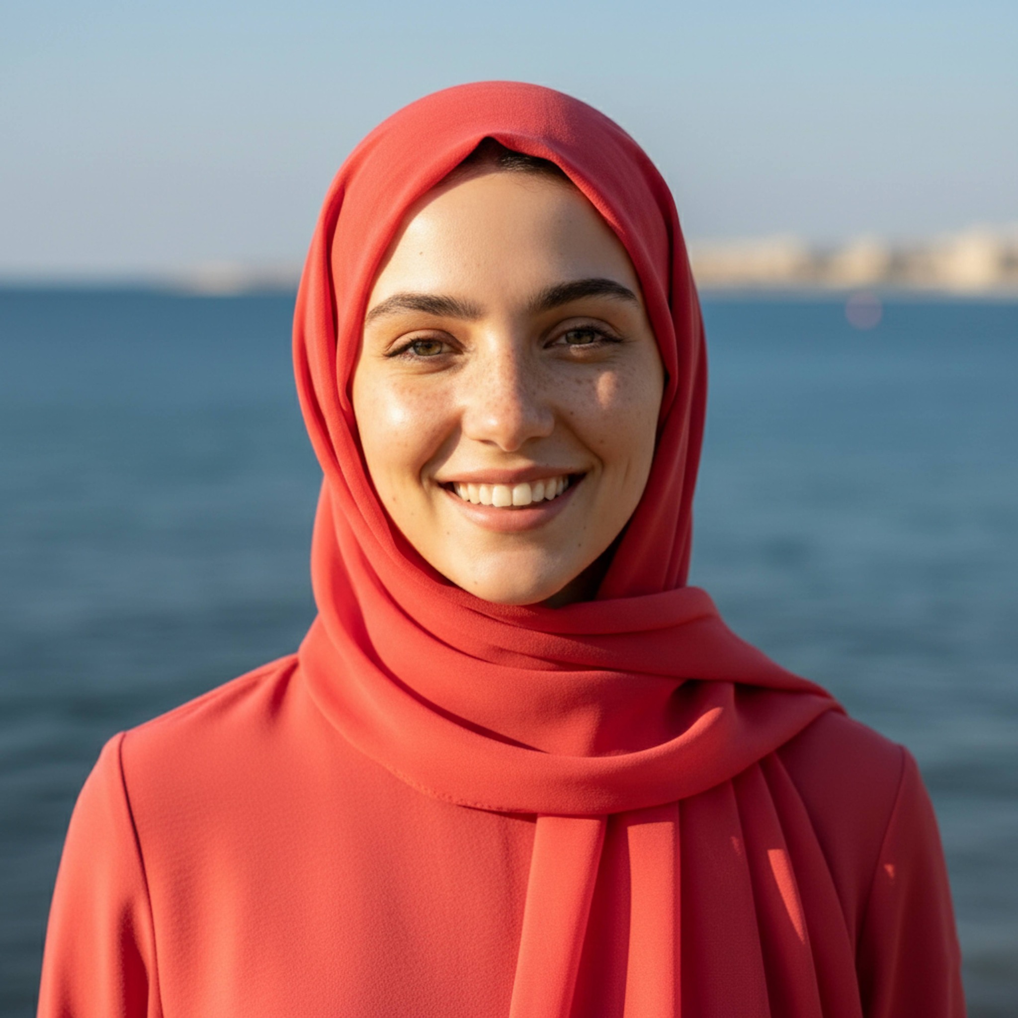 Close-up of hijabi woman in coral red chiffon hijab with confident smile at Sidi Bisher beach with blurred blue sea background
