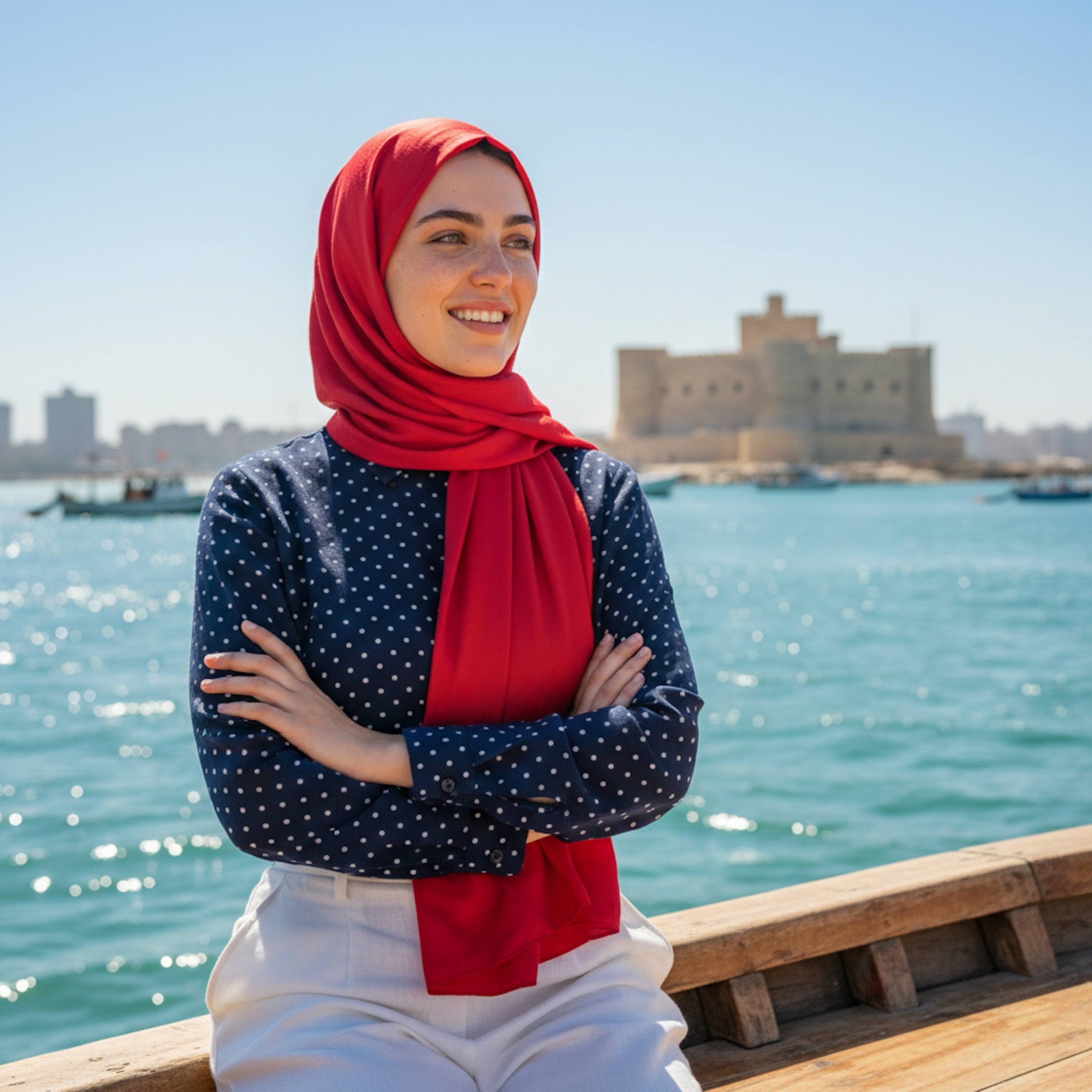 Hijabi woman in navy polka dot blouse and red silk hijab on wooden boat in Bahari district with Citadel of Qaitbay in background