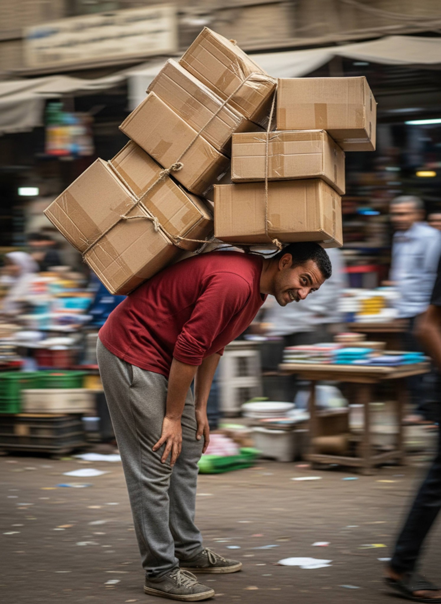 Person bent forward carrying massive stack of cardboard boxes as porter in bustling Attaba market with motion blur