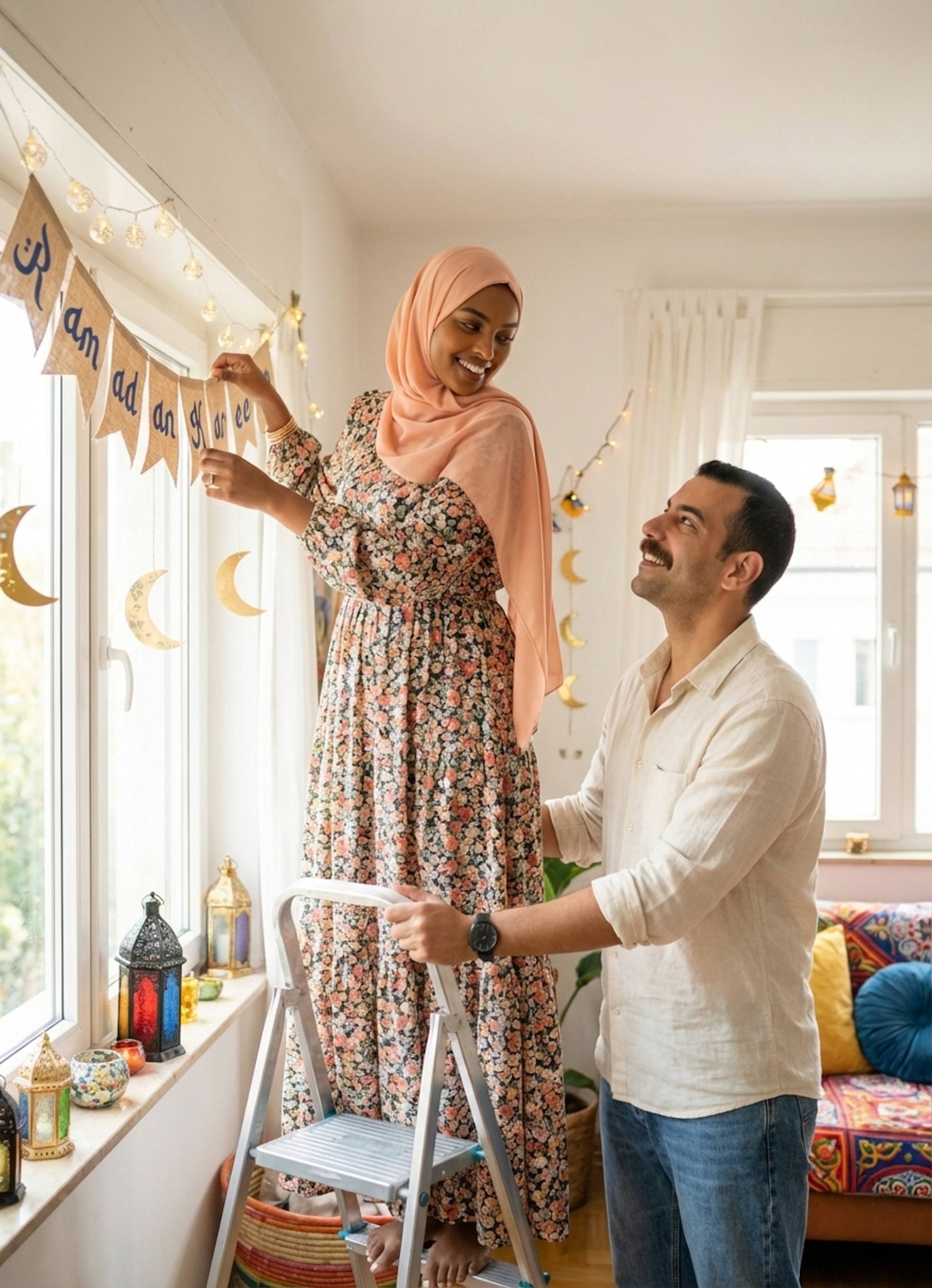 Couple hanging Ramadan Kareem banner in living room with one on step-ladder and other steadying it in bright afternoon sunlight