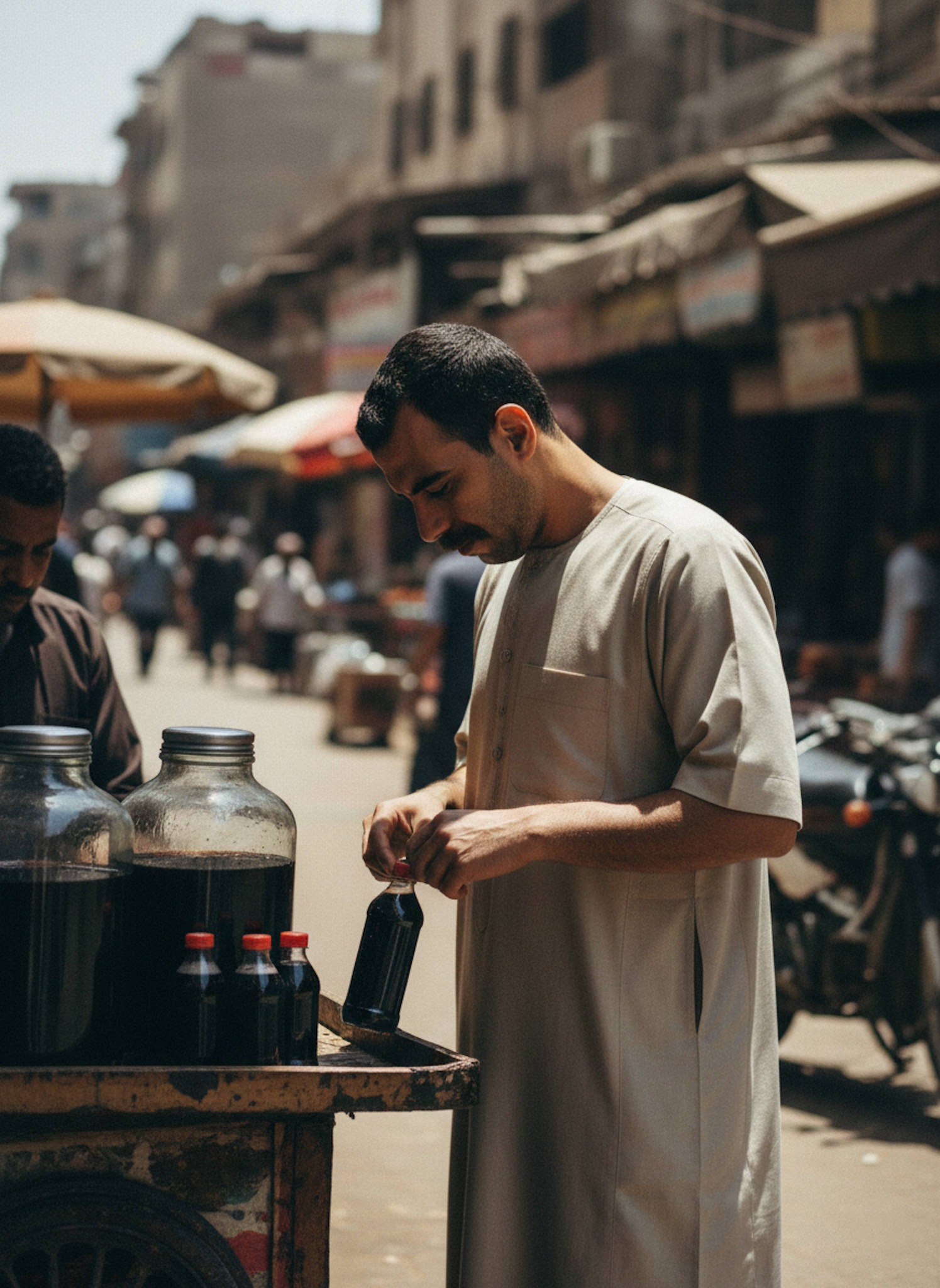 Person in a beige cotton galabeya searching for coins at a traditional Cairo street vendor in natural documentary daylight