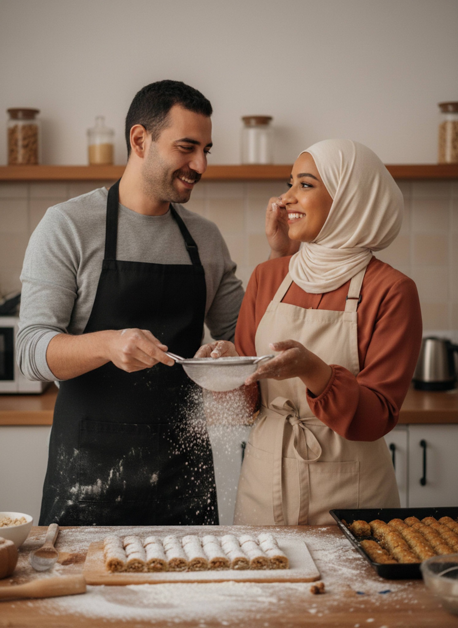 Couple baking traditional Ramadan sweets in bright flour-dusted kitchen with warm cheerful lighting
