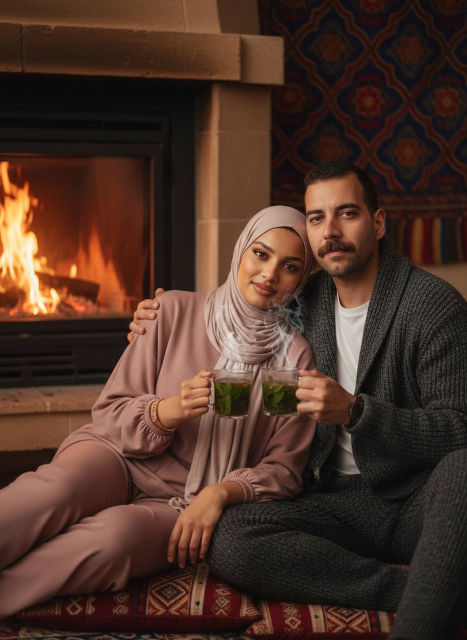 Couple leaning against each other on floor cushions by fireplace holding steaming mint tea glasses in warm orange firelight