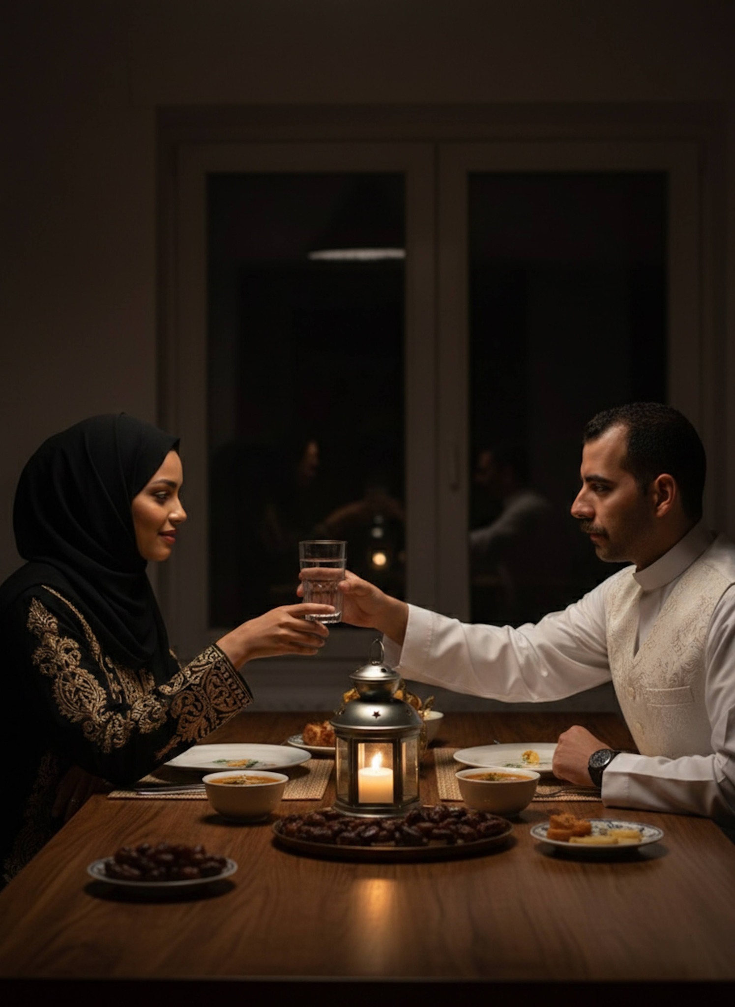 Couple at dining table during iftar with husband handing water glass to wife lit by single lantern creating deep Caravaggio shadows