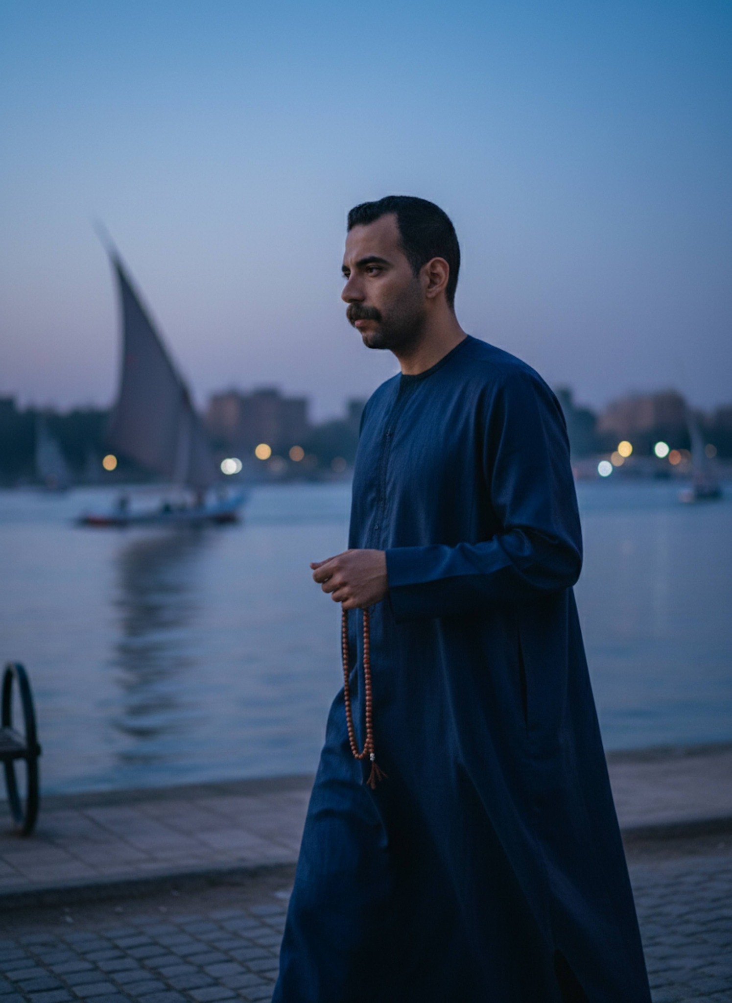 Person in navy blue linen kaftan walking along Nile Corniche at dusk holding wooden misbaha with golden sunset on river