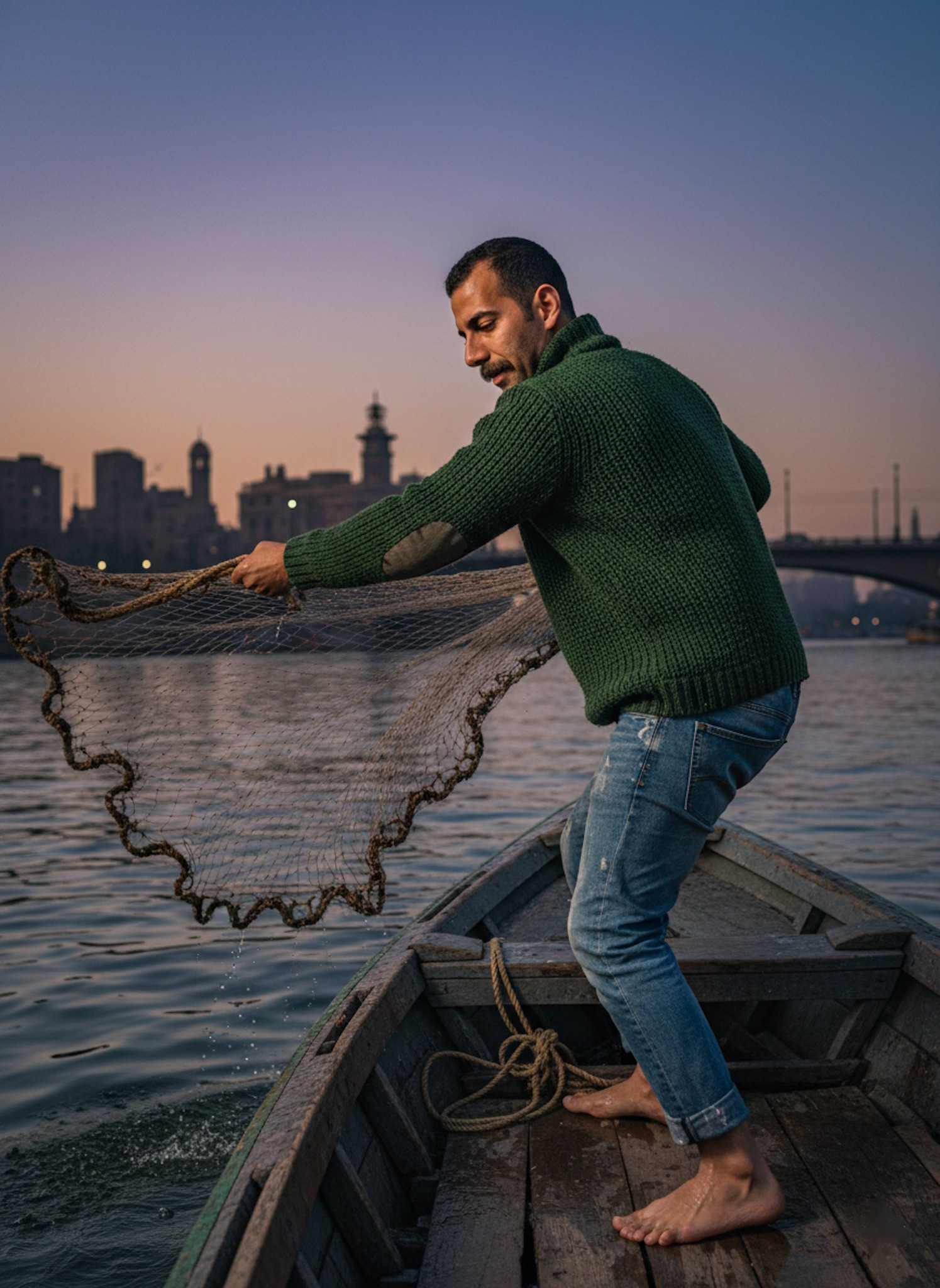 Over-the-shoulder view of person casting heavy net from small wooden rowboat on Nile River near Qasr el Nil Bridge