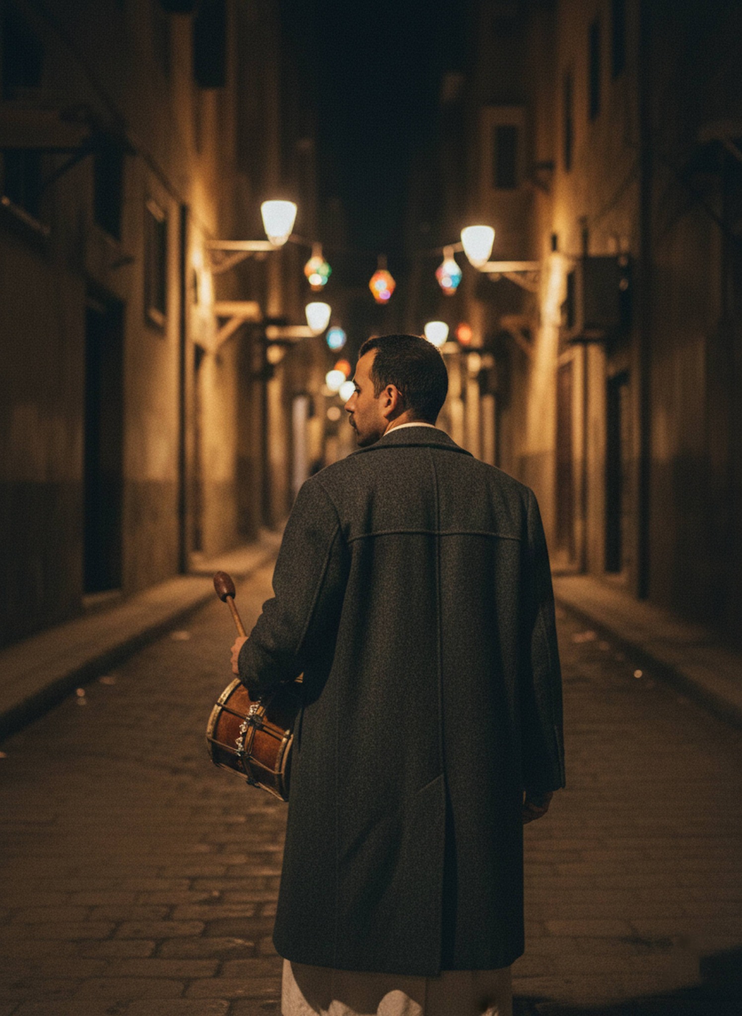 Back view of person as Mesaharaty walking through narrow Old Cairo alleys at night holding traditional drum with dignified posture