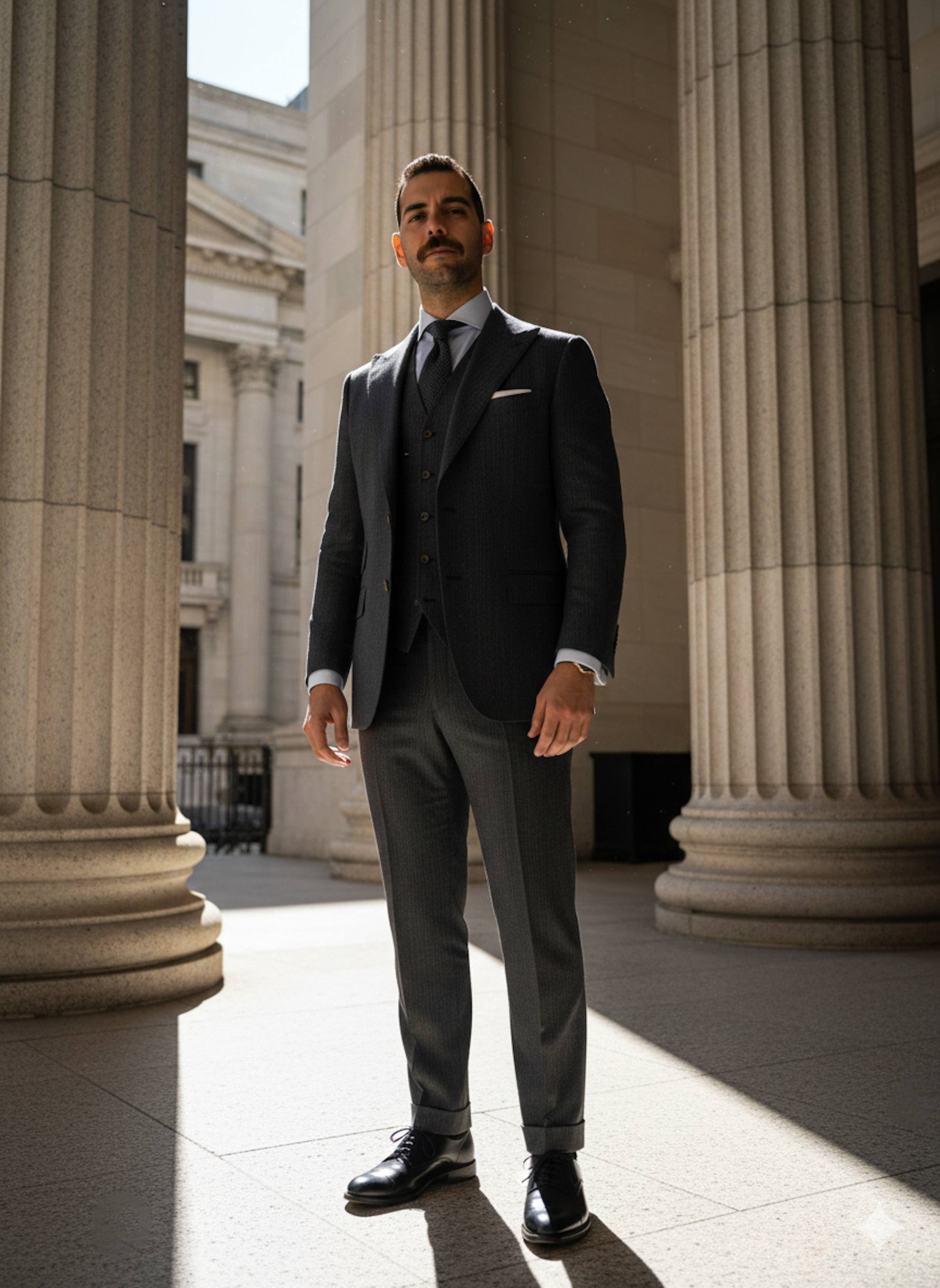 Person in charcoal pinstripe three-piece suit positioned between massive granite columns of neoclassical stock exchange building