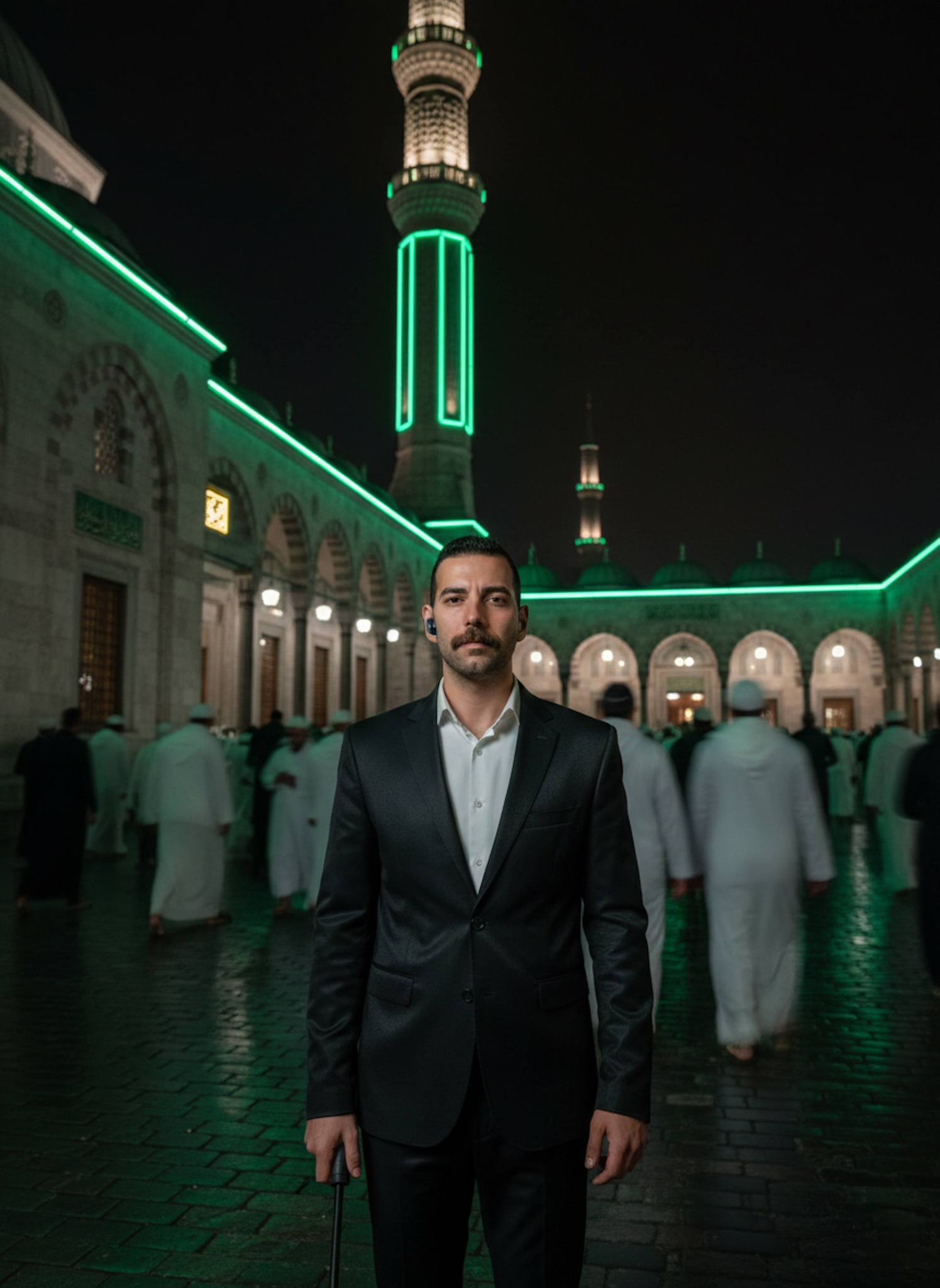 Person standing still as mosque security guard with blurred worshippers in white robes behind during Taraweeh long-exposure