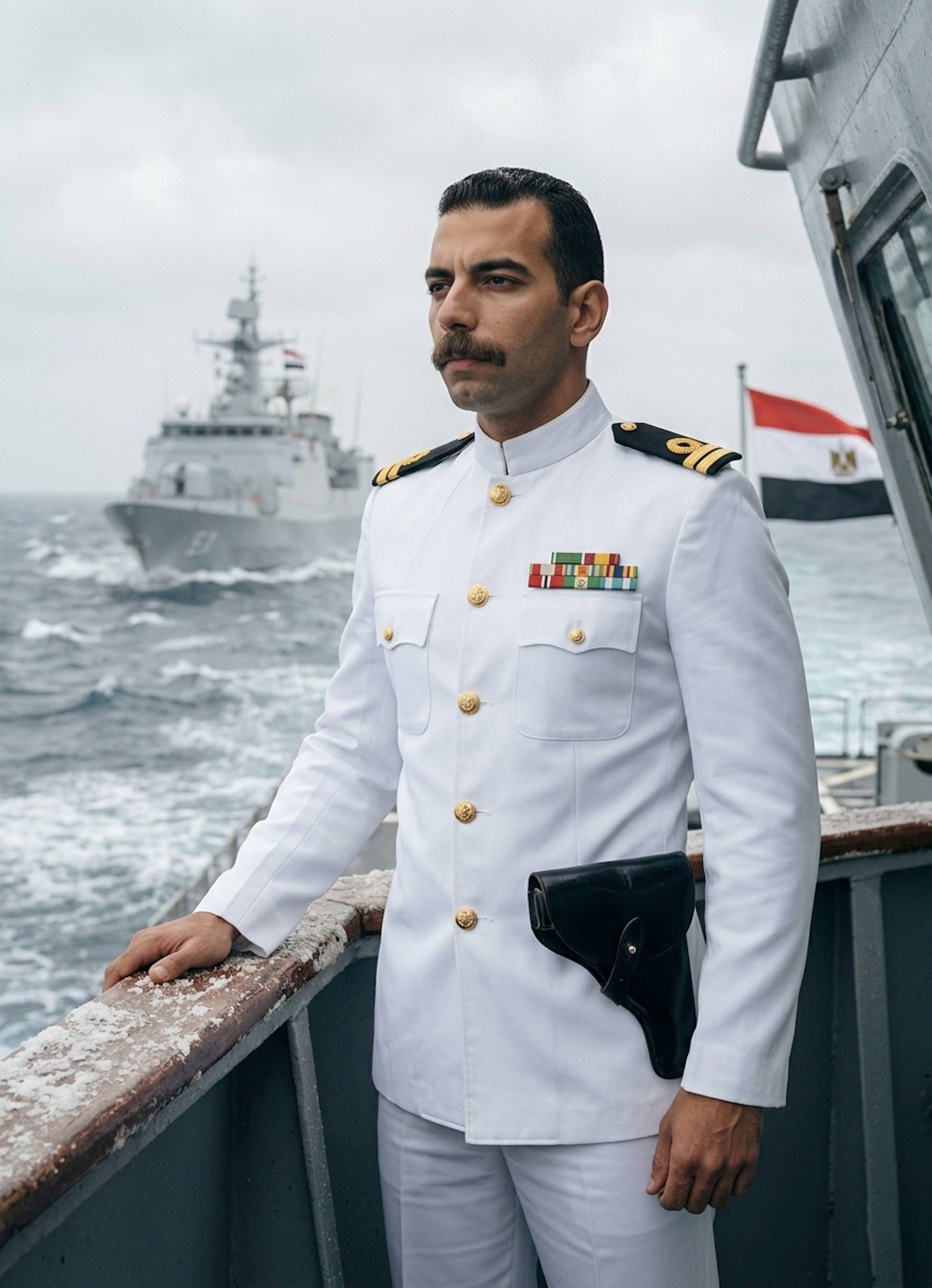 Person in a white naval ceremonial tunic with gold buttons standing on a bridge with a Mediterranean frigate and overcast sky behind