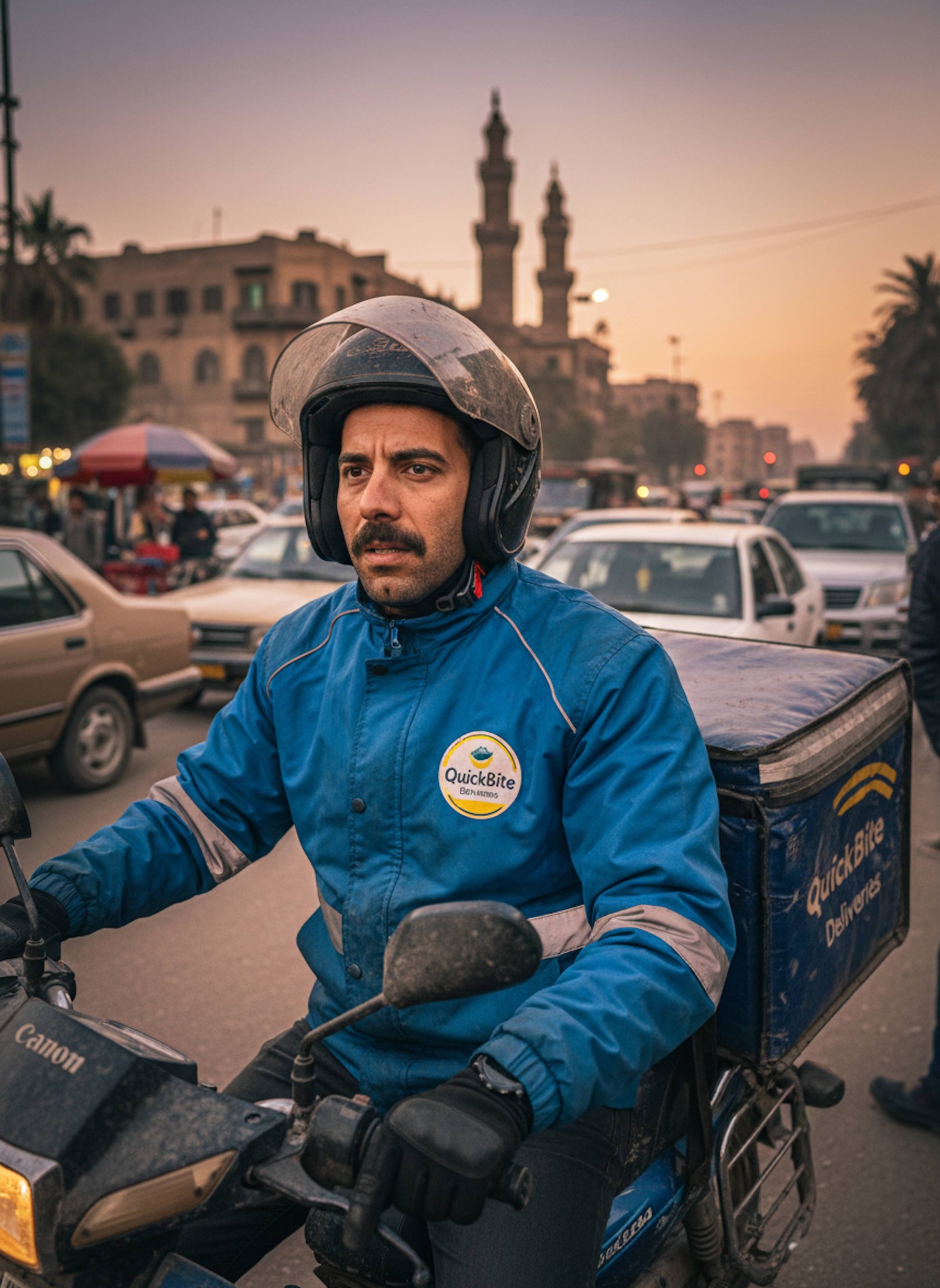 Person as delivery rider on motorbike in chaotic Cairo traffic before iftar with Dutch tilt angle showing urgency