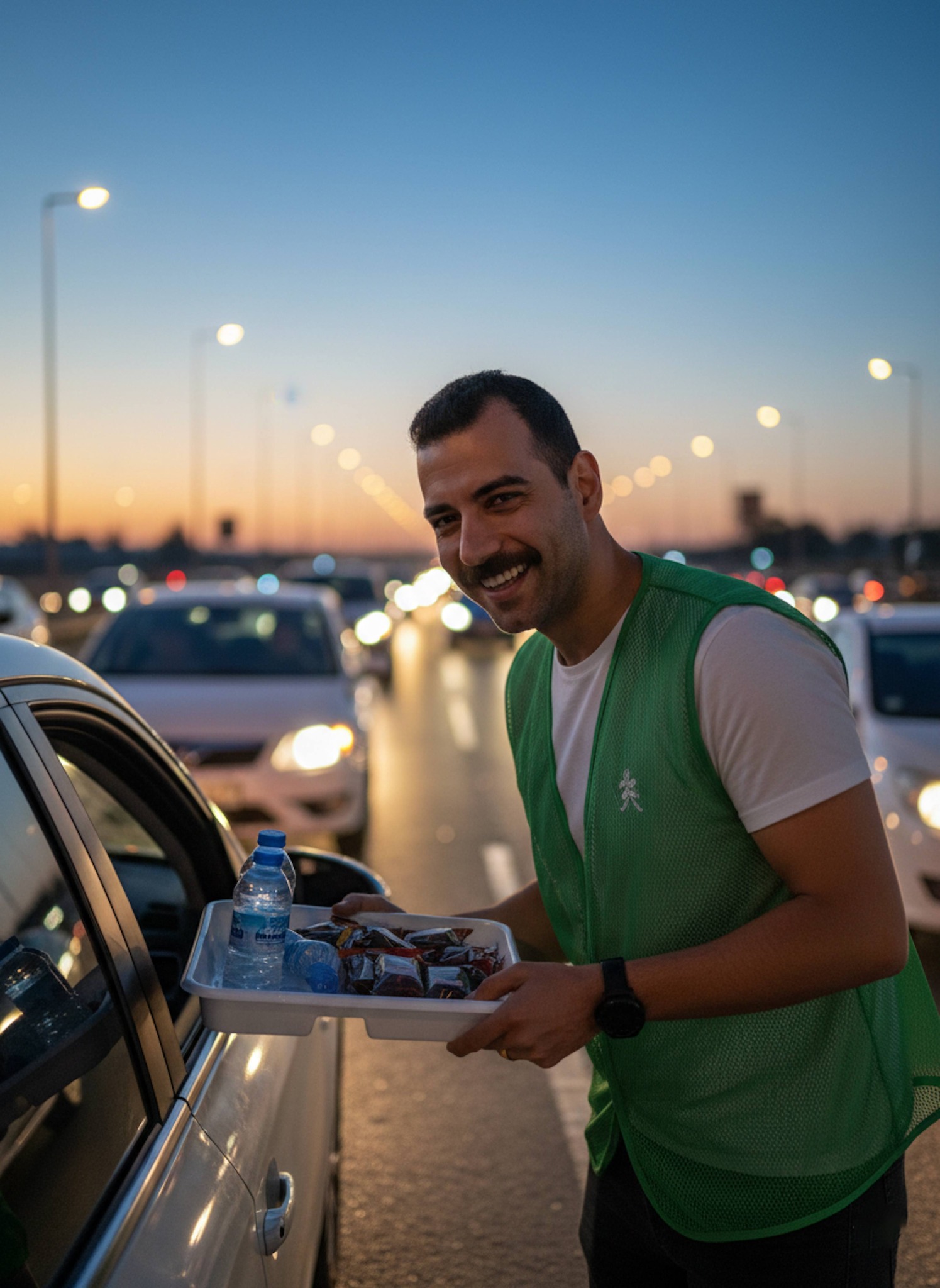 Person joyfully distributing water and dates to drivers on busy highway at moment of Maghrib call to prayer
