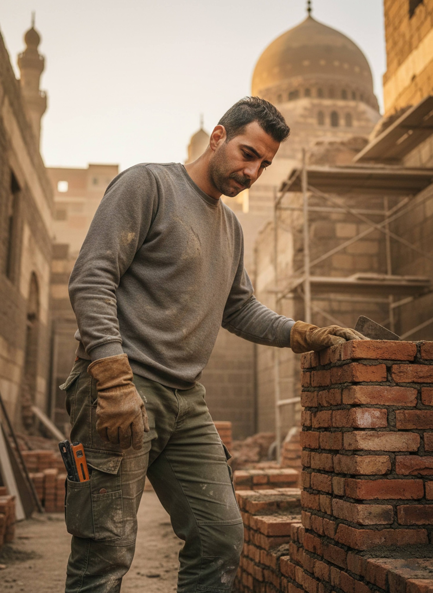 Person leaning on stack of red bricks at Islamic Cairo restoration site shot from low angle with historic architecture behind