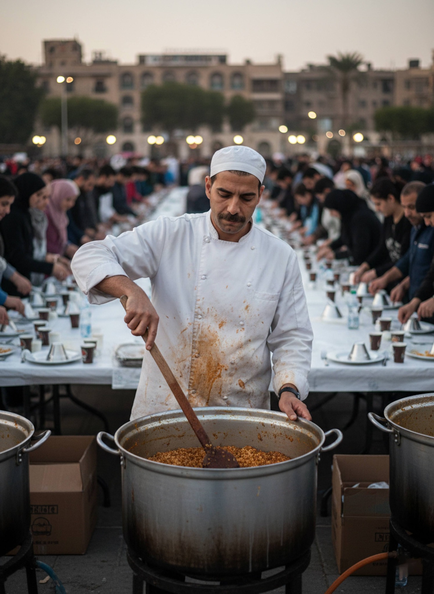 Person stirring giant metal pot at Mawaid al-Rahman charity iftar table with massive food pots in background