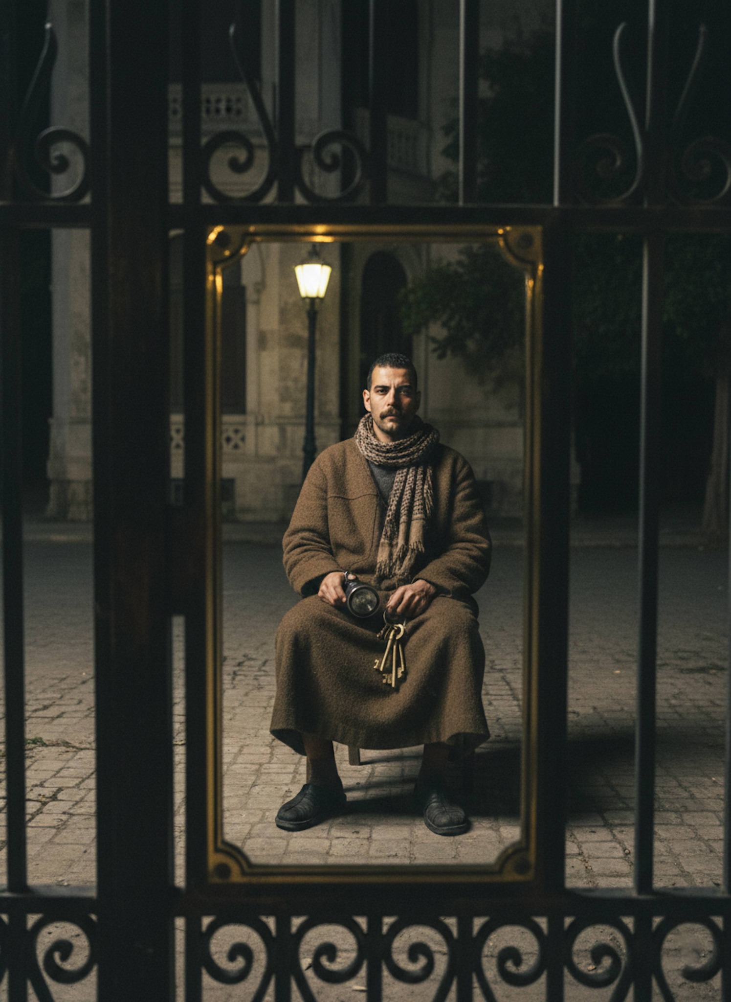 Night watchman reflected in brass plaque on gate of historic Maadi villa sitting on wooden chair at night