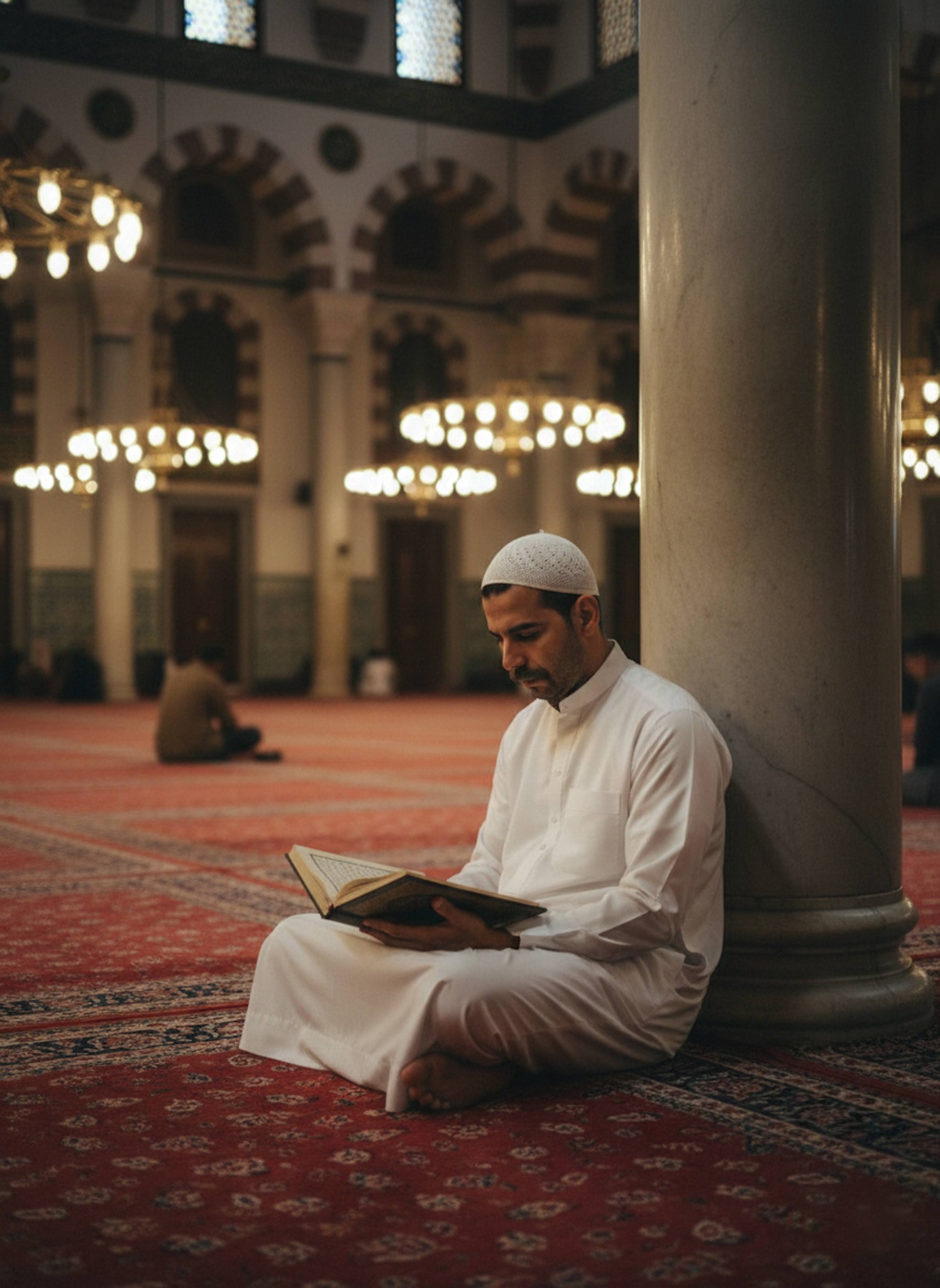 Person in white galabeya and taqiyah leaning against marble pillar reading worn Quran on red carpet of Al-Azhar Mosque