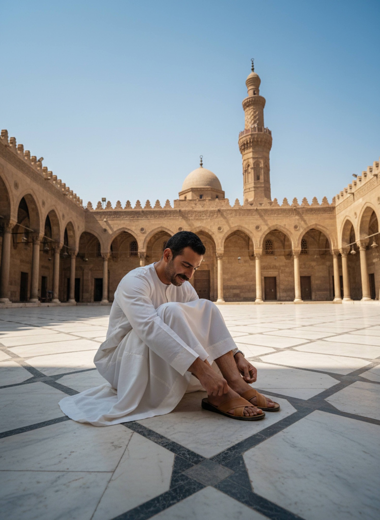 Person in wind-caught white jilbab sitting on marble floor of Ibn Tulun Mosque courtyard putting on leather sandals