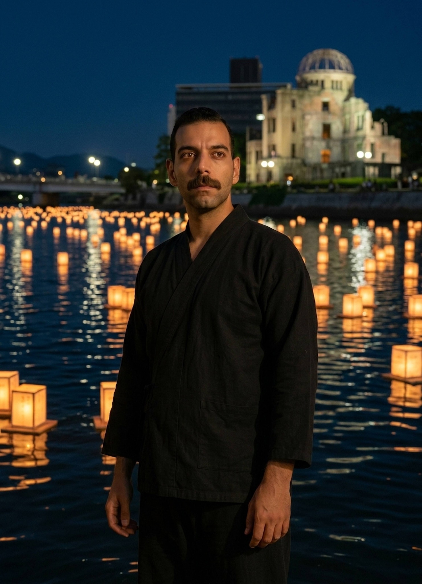 Person watching hundreds of paper lanterns drifting down river at night with soft candlelight reflecting in their eyes