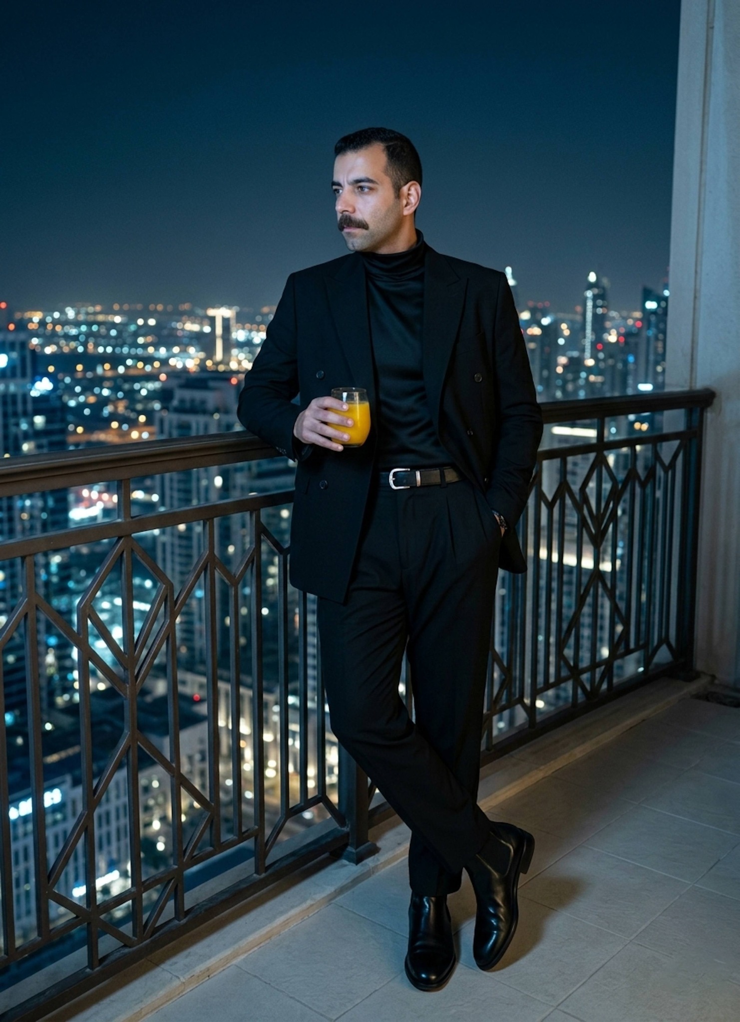 Person leaning against Art Deco geometric iron railing on penthouse balcony at night holding juice with city skyline behind