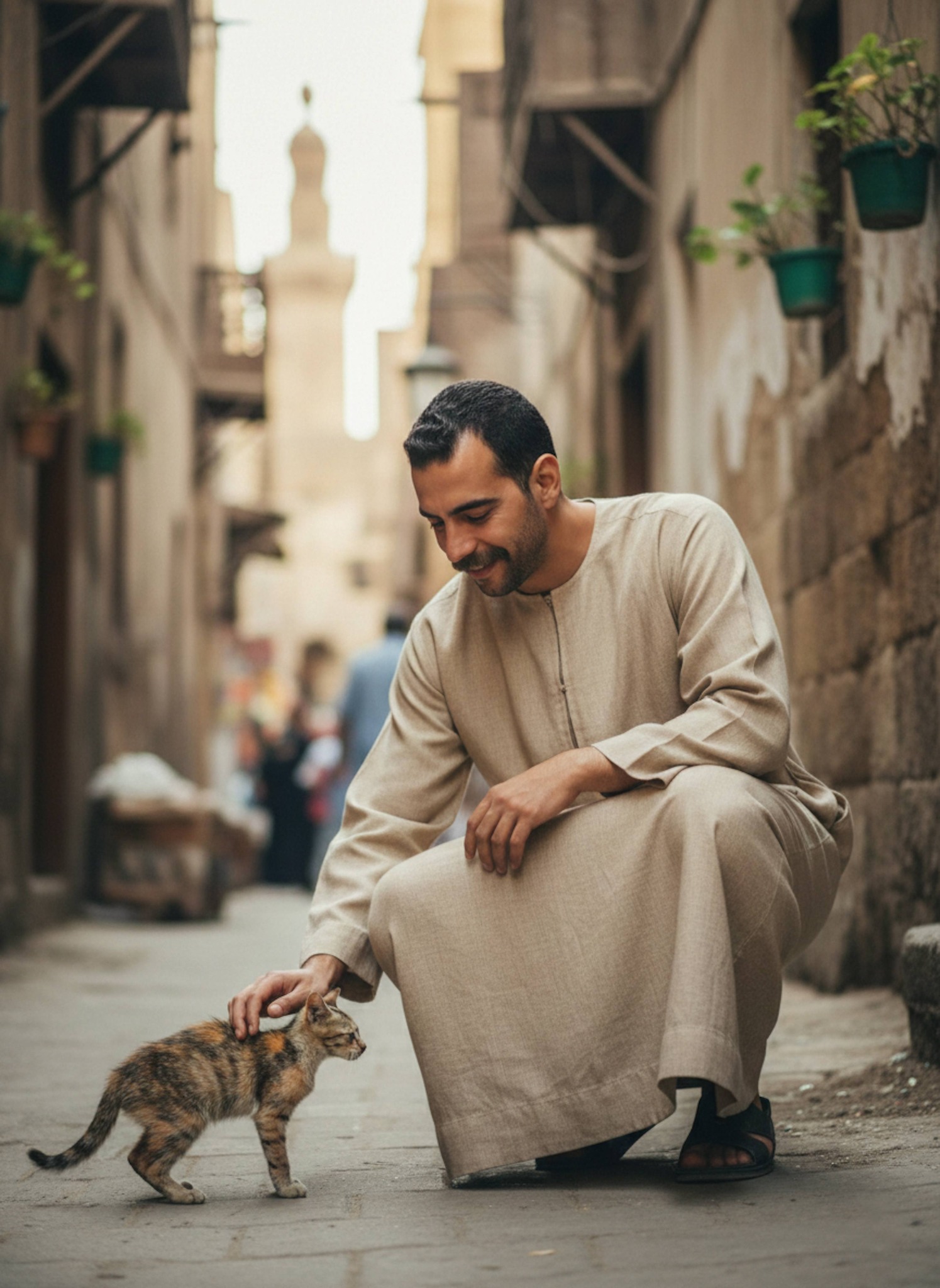 Person in a sand-colored galabeya crouching to pet a stray cat in an Old Cairo street alley with soft natural shade lighting
