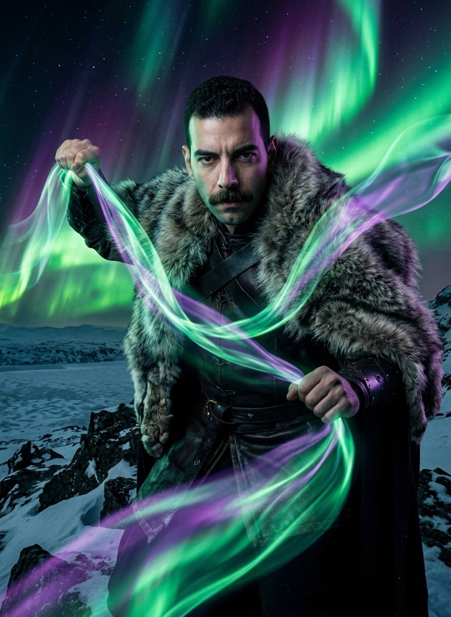 Person in fur cloak and leather armor holding luminous aurora borealis ribbons on snowy mountain peak at midnight