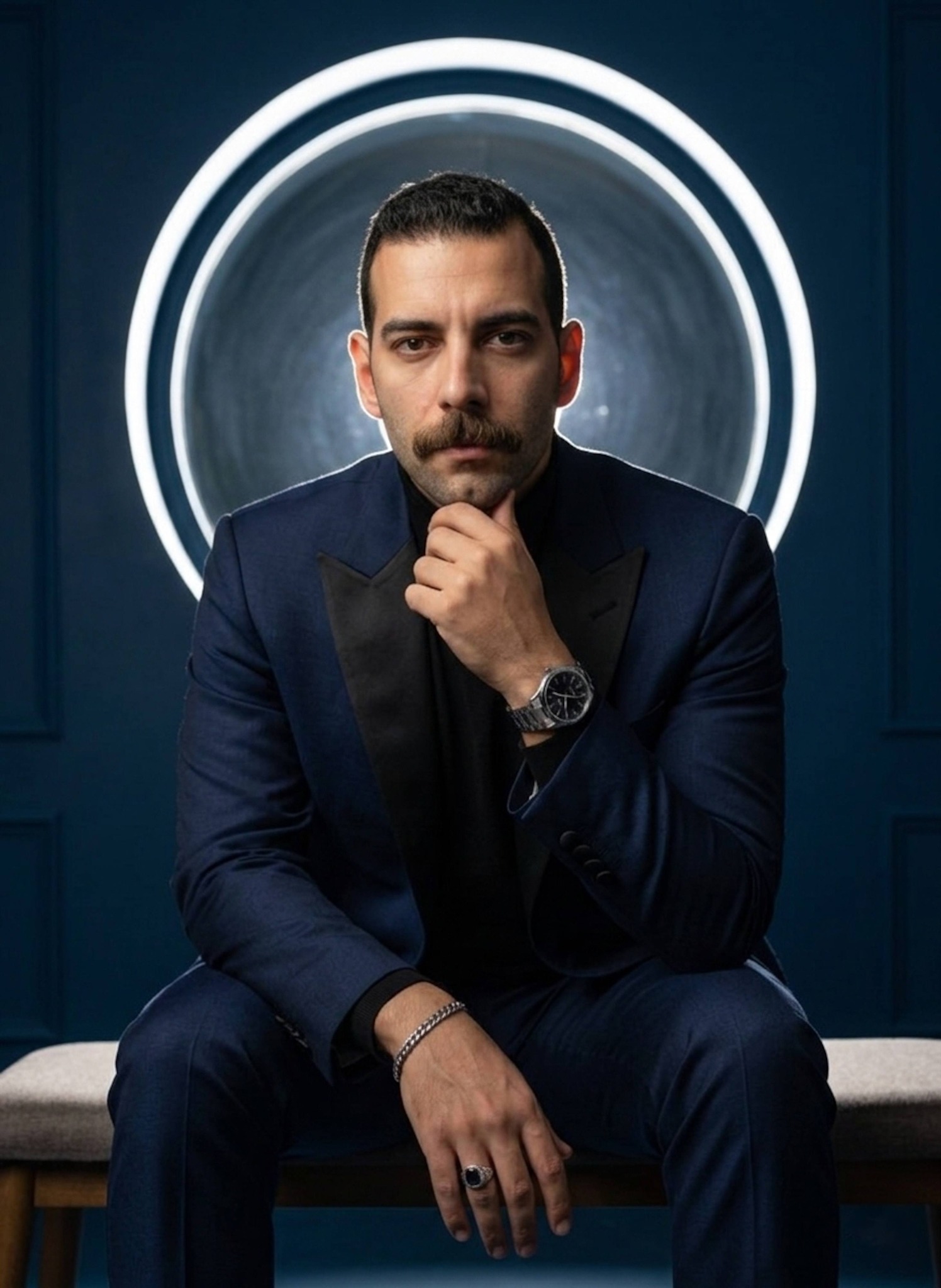Person in luxury mohair suit seated on low bench leaning forward with rim sunlight from circular window creating halo effect