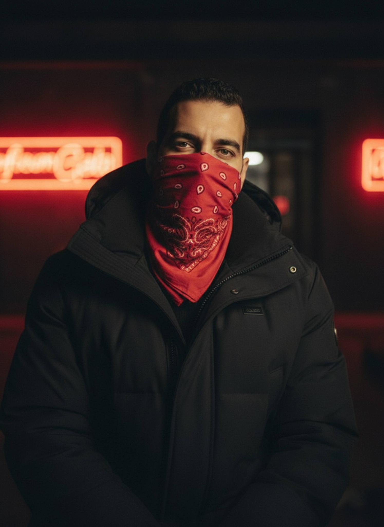 Person in heavy parka and red bandana face covering in red neon night lighting with urban cyberpunk atmosphere