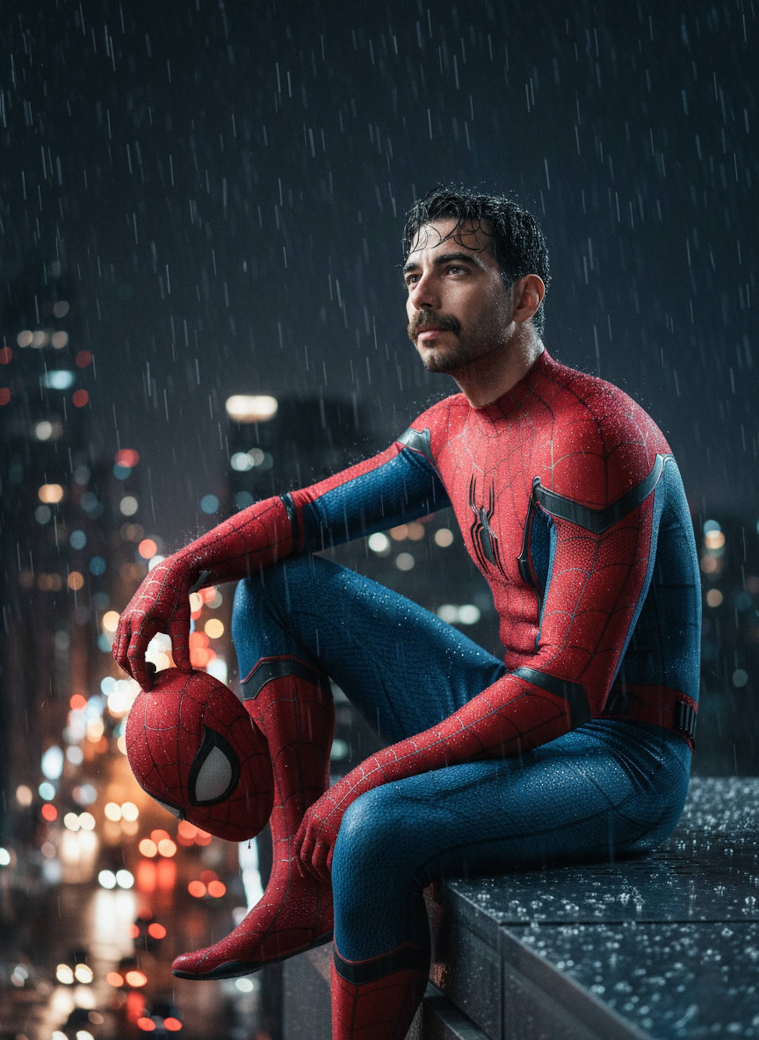 Person in red-and-blue Spiderman suit sitting on skyscraper ledge at night in rain with illuminated city below