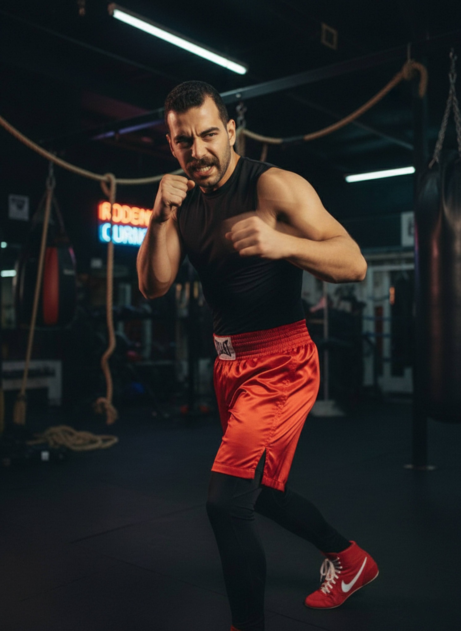 Person in sleeveless top and red boxing shorts with fists raised in neon-lit boxing gym at night