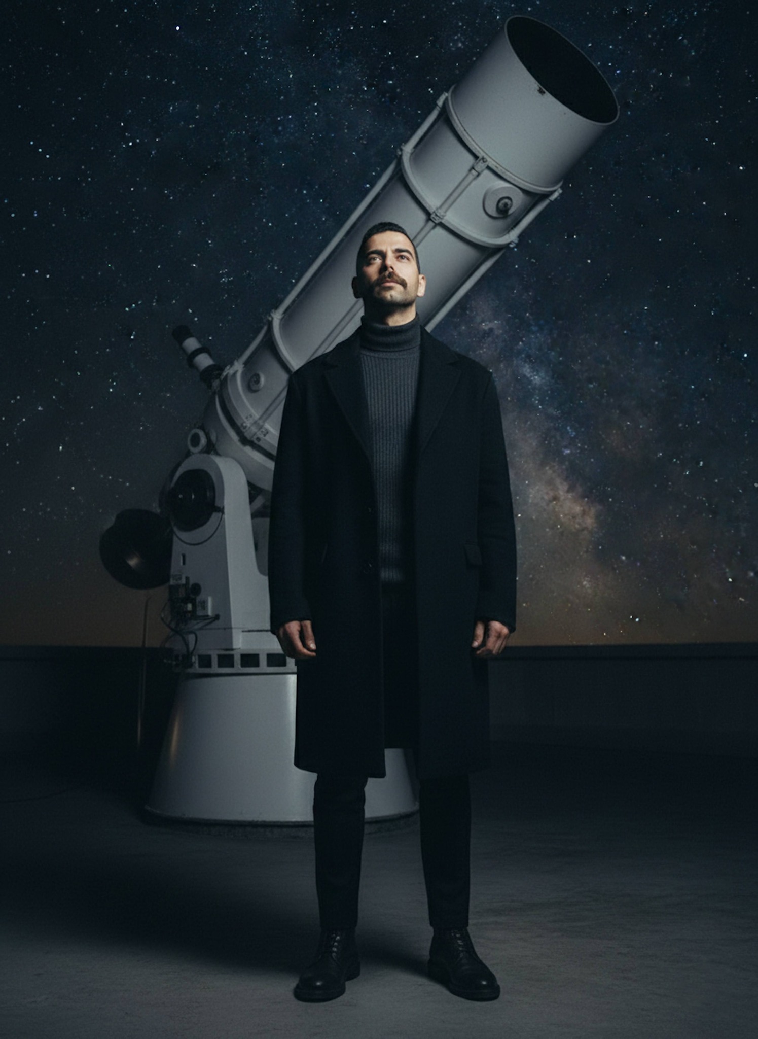 Person in black oversized coat standing at observatory rooftop with massive telescope and star-filled night sky behind