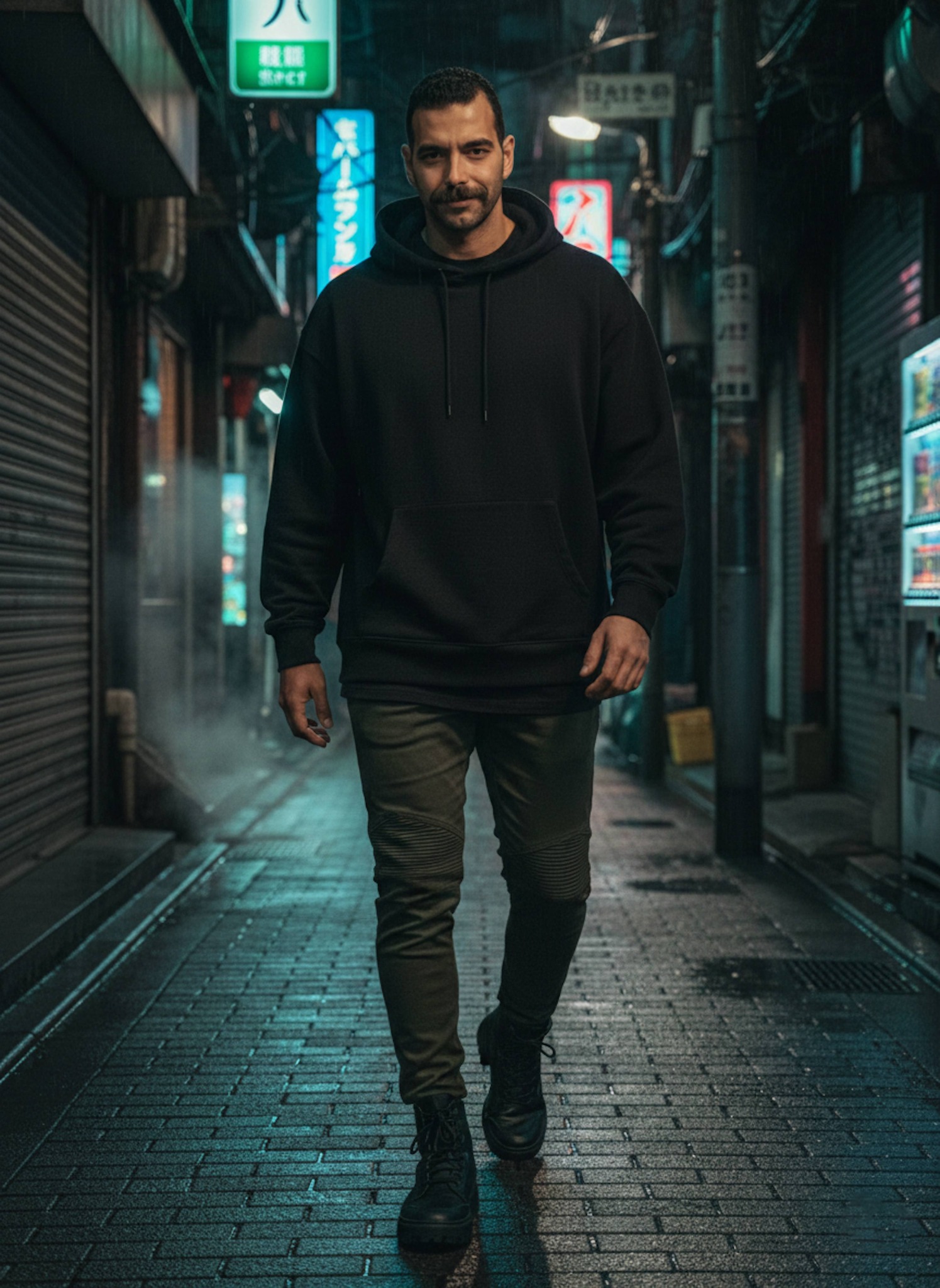 Person in oversized black hoodie walking through deserted rain-soaked Tokyo alley at night with flickering neon signs