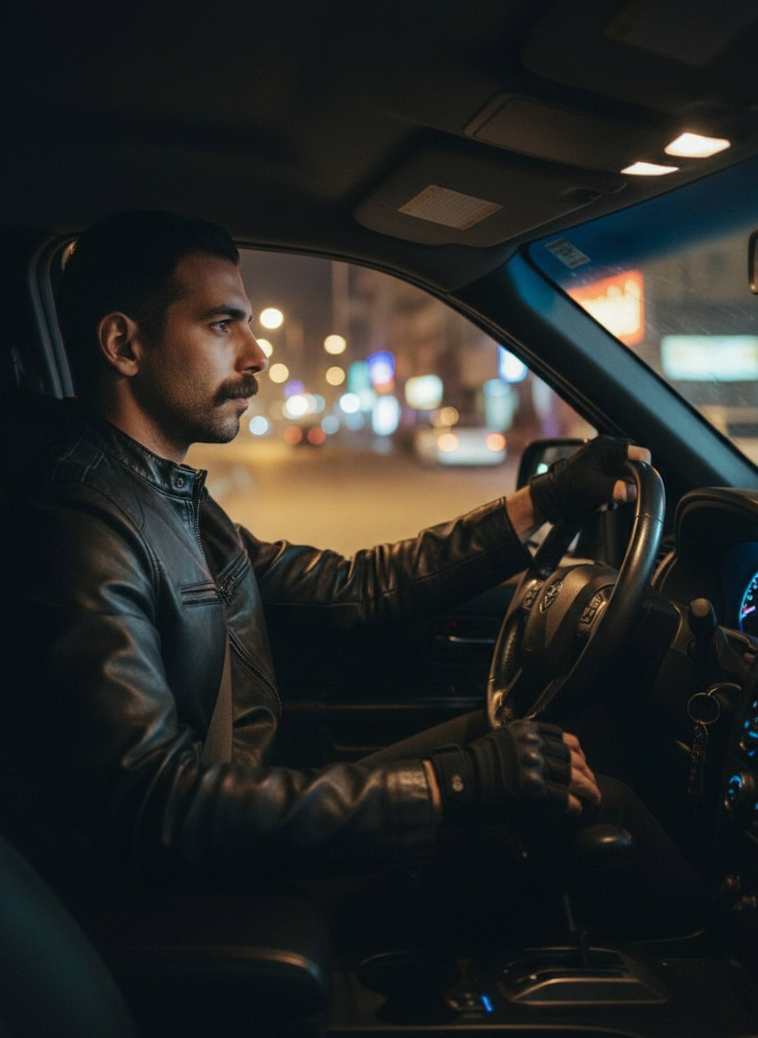 Profile of person in black leather jacket driving darkened police SUV through city lights at night with dashboard glow