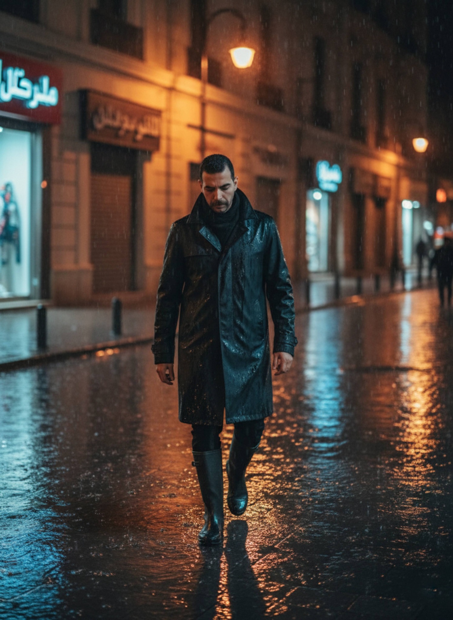 Person in black waterproof trench coat walking through flooded Alexandria streets at night with neon reflections in puddles